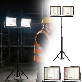 UISEBRT 2x200W LED Baustrahler Akku mit Stativ & 2M Typ-C Kabel,360° Drehbar,3 Lichtmodi,113-178cm höhenverstellbar,Kaltweiß IP66 Wasserdicht Strahler für Garage Werkstatt Baustelle