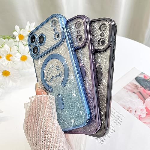 Vista 243 de Fiyart - Funda transparente magnética con purpurina para iPhone 12 para mujeres, con grabado "Love" metálico, protección para cámara y antigolpes