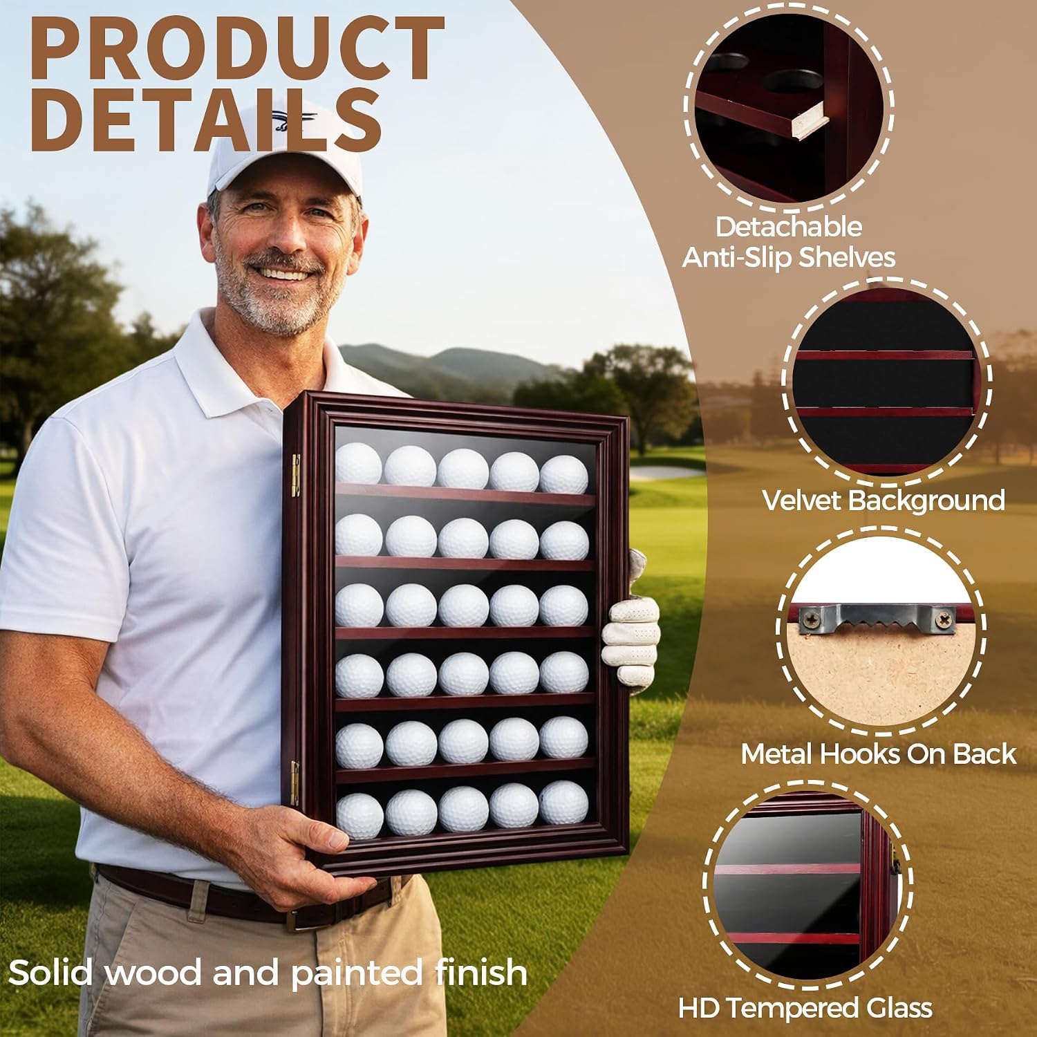 Golf Ball Display Case for 30 Golf Balls Display Holder Solid Wood Wall Mount Rack with HD Tempered Glass Door for Collection Mahogany