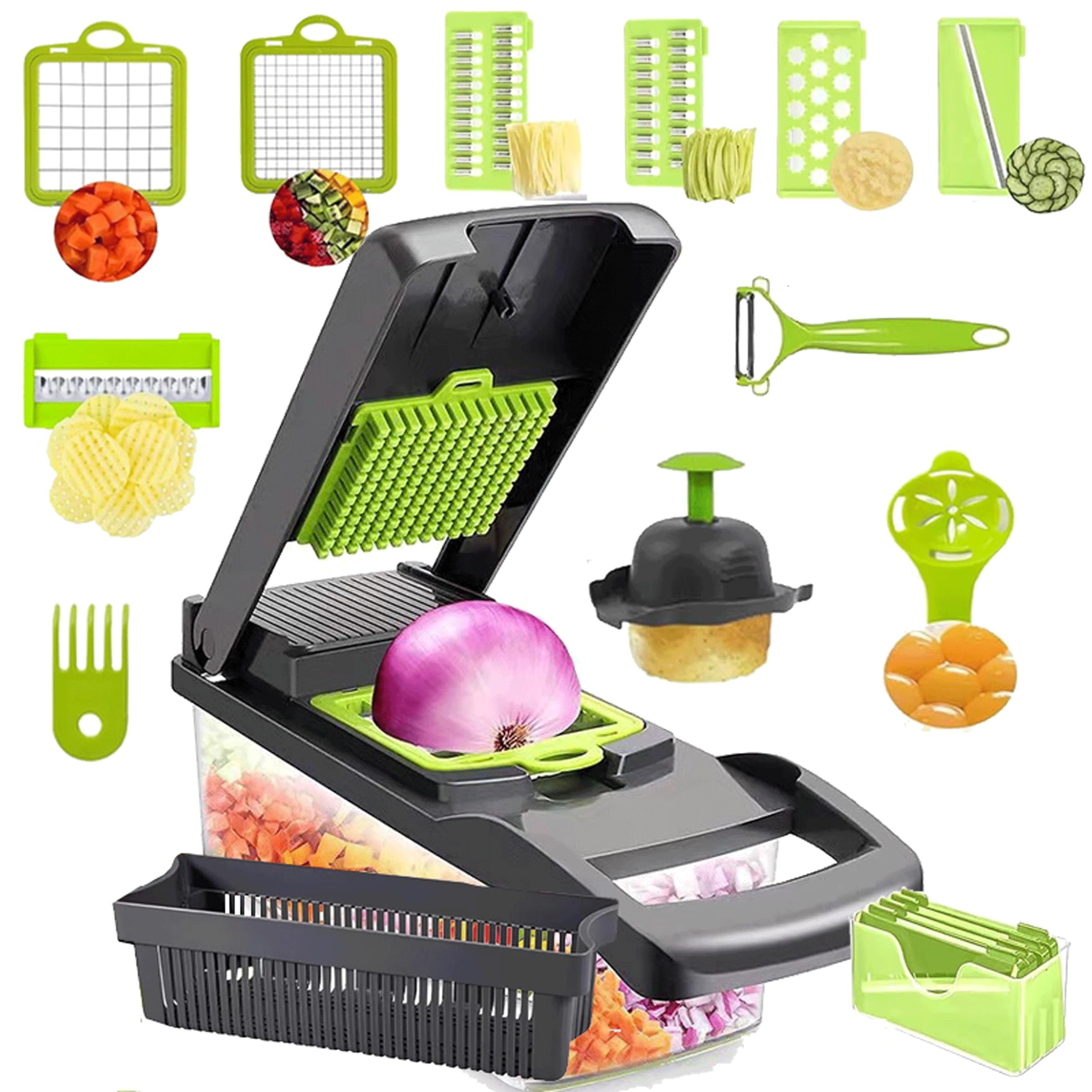 Mandoline Slicer 16-in-1 with Container & 7 Stainless Steel Blades - Box Style Vegetable Chopper Dicer Grater Set, BPA-Free Kitchen Gadget for Potato Onion Tomato, Includes Egg Separator & Peeler