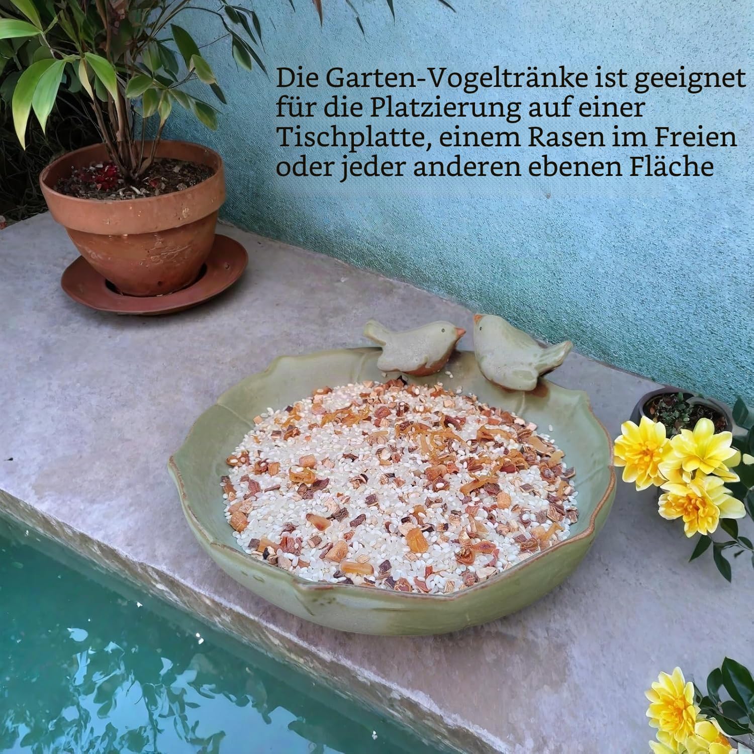 Vogeltränke aus Keramik für draußen auf dem Boden, 24,9 cm Vogeltränke, Vogelfutterspender und Vogeltränke für draußen, Garten, Tischplatte, Deck, Balkon und Rasen