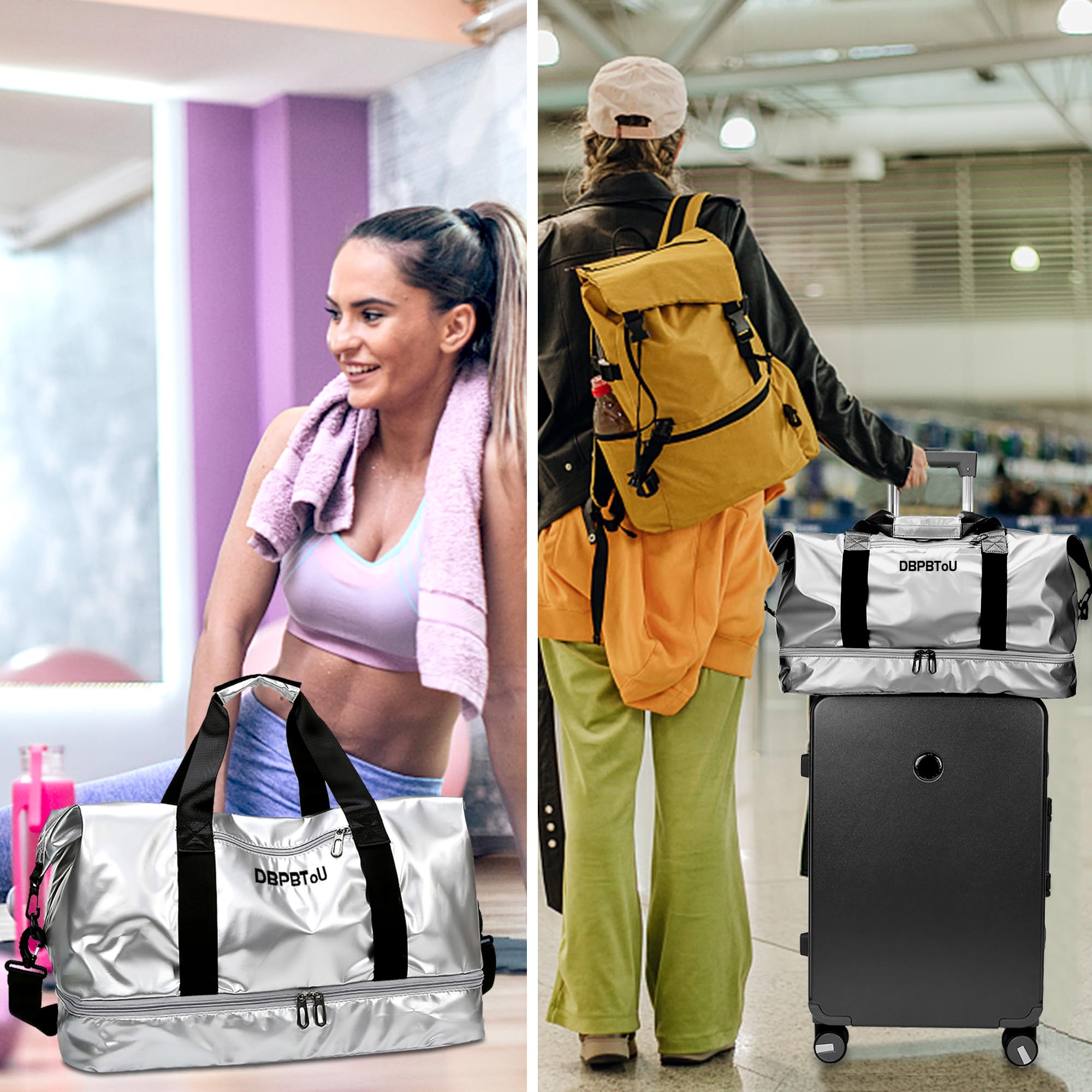 Borsone Palestra Donna con Scomparto per Scarpe, Borsone da Viaggio Impermeabile per Donna Borsa Palestra Grande Elegante con Scomparto Umido (Argento)