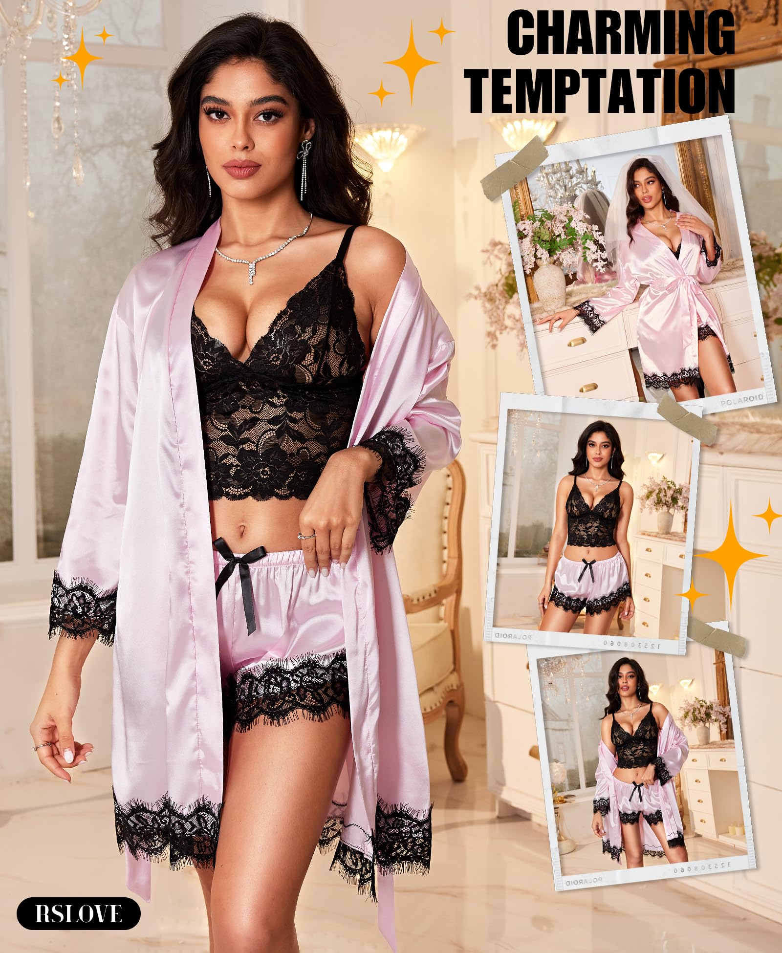 Ensembles de Lingerie Sexy pour Femme – Robe en Satin, vêtements de Nuit en Soie, Nuisette, Nuisette, vêtements de Nuit 3 pièces