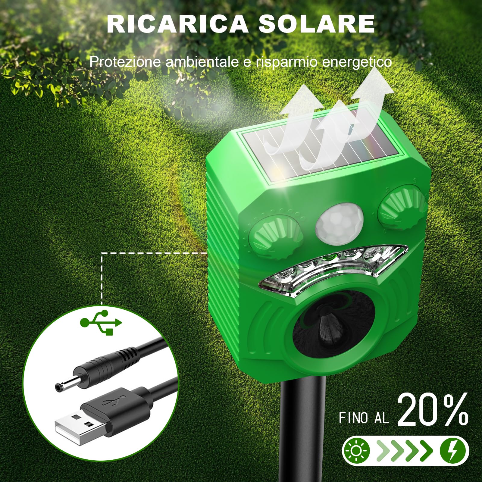 HOPPE'S Repellente per gatti, 5 modalità dissuasore per animali ad ultrasuoni alimentato ad energia solare, repellente per cani con luci LED per animali domestici, efficace contro piccioni, uccelli,
