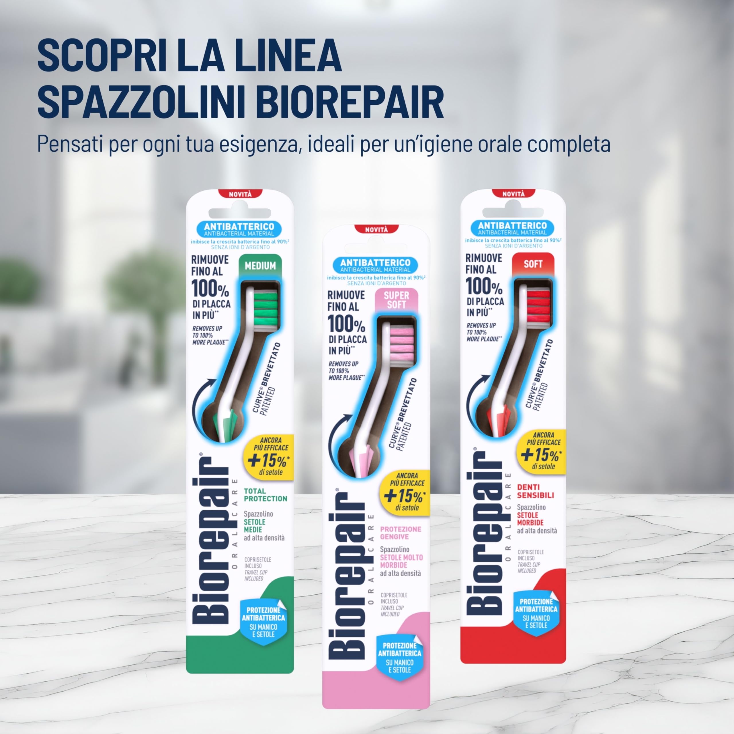 Biorepair, Spazzolino MEDIUM Total Protection, Setole Medie Ad Alta Densità, Protezione Antibatterica, Garantisce Comfort e Efficacia, Curve Brevettato
