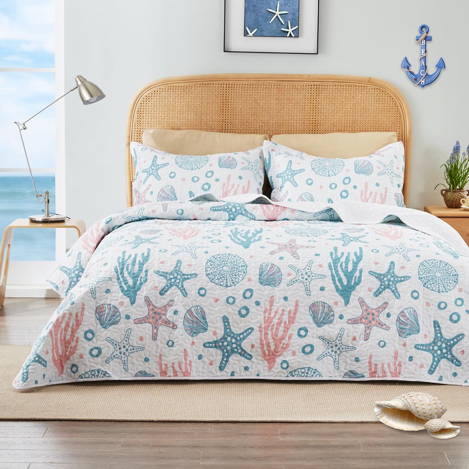 Love's cabin King Size Quilt Bedding Set Coastal Pink Bedspreads - Summer Beach Nautical Quilt Lightweight Bedspread- Reversible Bedding Coverlet for All Season - 3 Piece (1 Quilt, 2 Pillow Shams) King (106"x96") Coastal Pink
