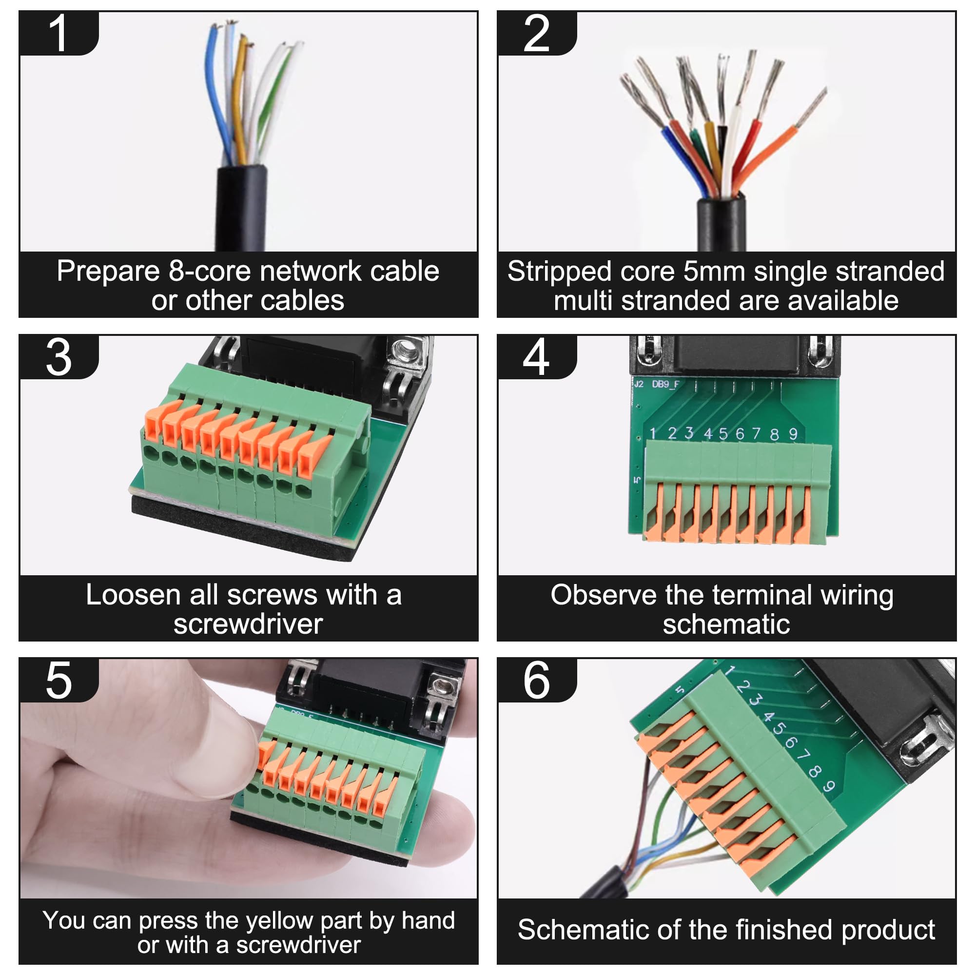 Adaptateur DB9 sans soudure RS232 D-SUB femelle vers connecteur à ressort 9 broches