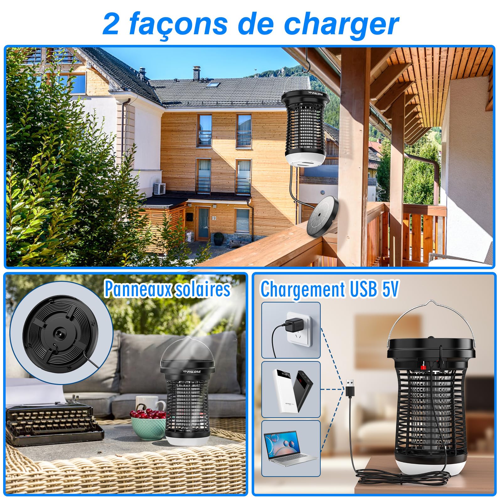 PALONE Lampe Anti Moustique Solaire LED, 4500 V USB-C Rechargeable, Tue Mouche Electrique avec Panneau Solaire 3,5W/5V & Câble 3,5M et Câble de Charge Type-C pour Intérieur/Extérieur