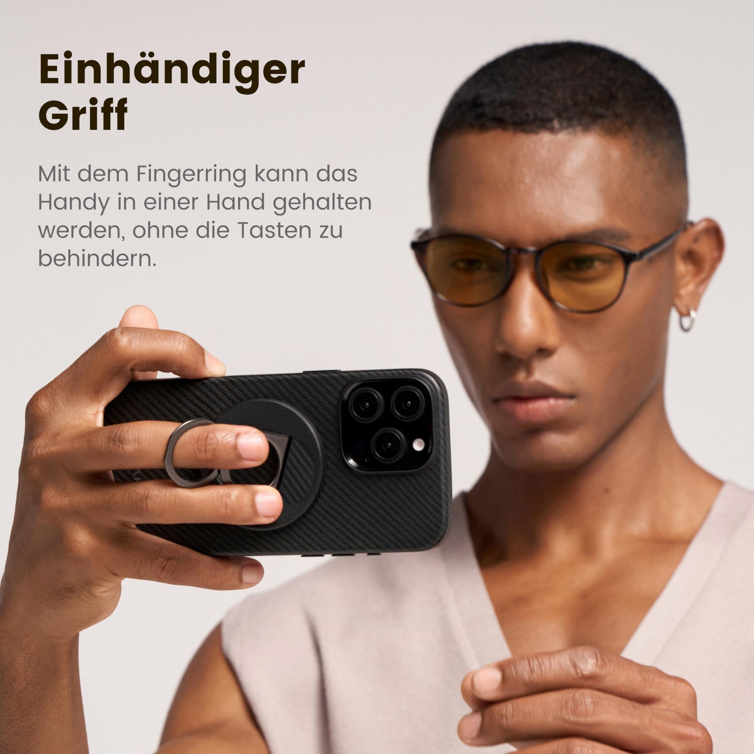 pitaka Handy Ring Halterung Magnetischer Griff Ring Halter mit Doppelring Einstellbar Fingerhalter Handy Ständer aus Aramidfaser für iPhone 17/16/15/14/13 Schwarz/Grau