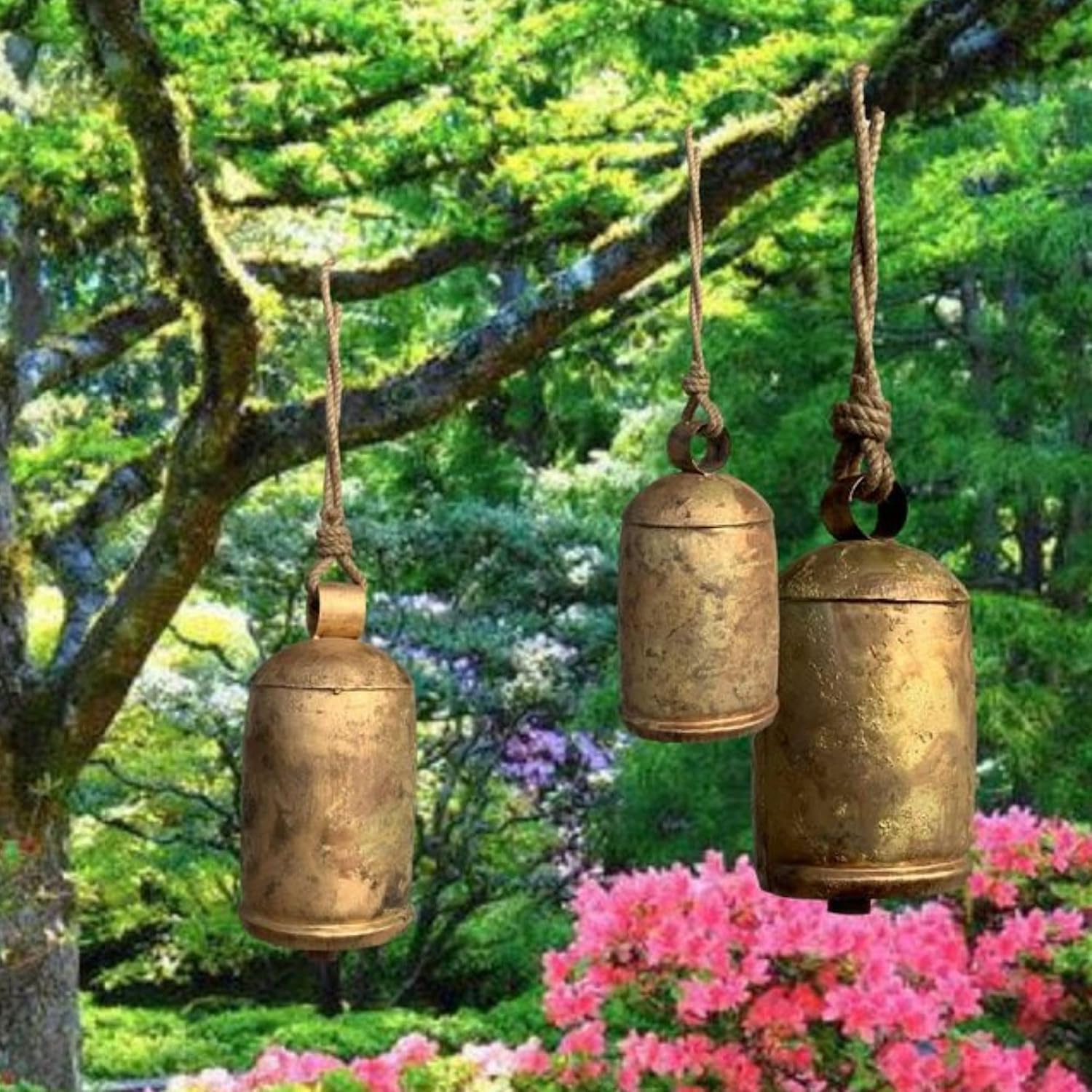 Farmhouse World Burnished Gold Extra Large Bells Set of 3 - Handcrafted Rustic Home Decor for Garden, Perfect Vintage Christmas Decor with Giant Gold Bells for Christmas Decorations