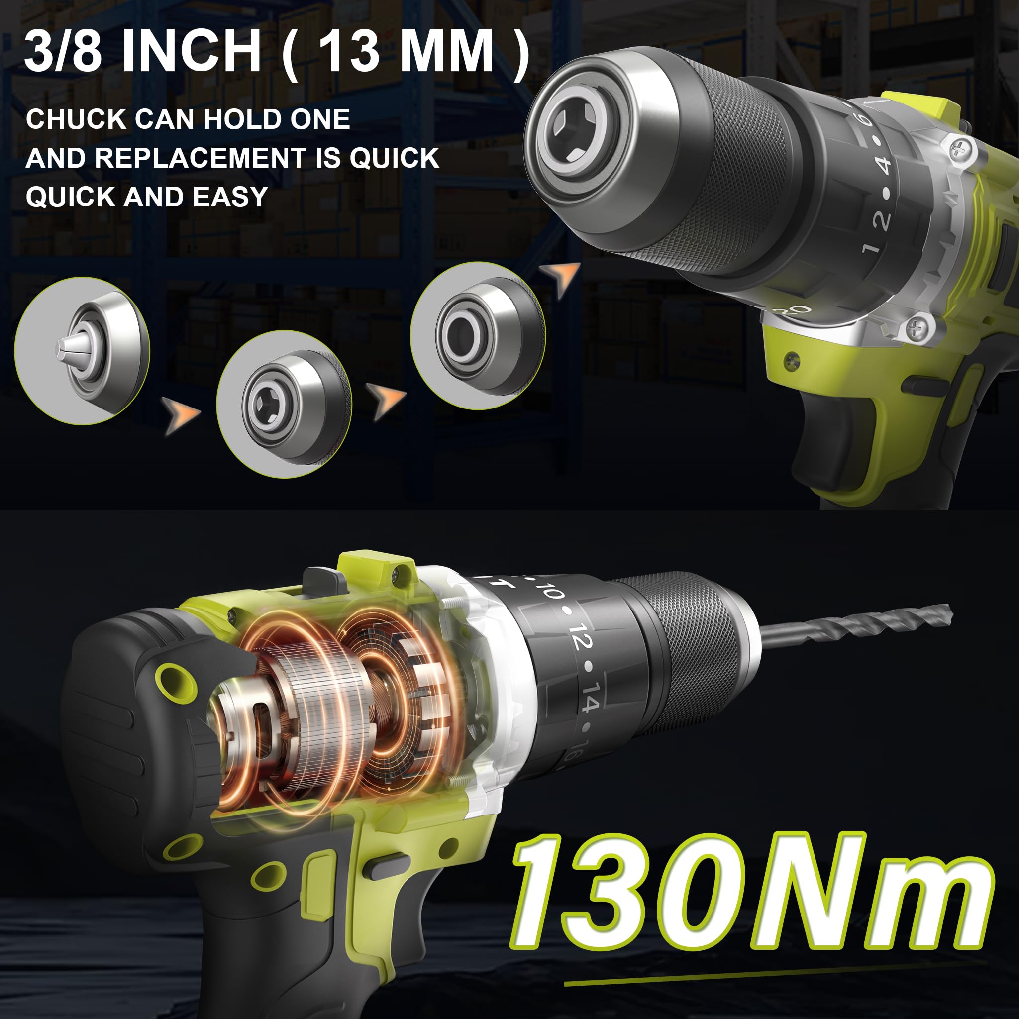 DEWINNER Taladro Atornillador Inalámbrico para Batería Makita de 21V 2 * 4,0 Ah Baterías,130 Nm Taladro Percutor Bateria,20+3 Configuraciones de Par,2 Velocidades, LED,76 Accesorios y Maletín