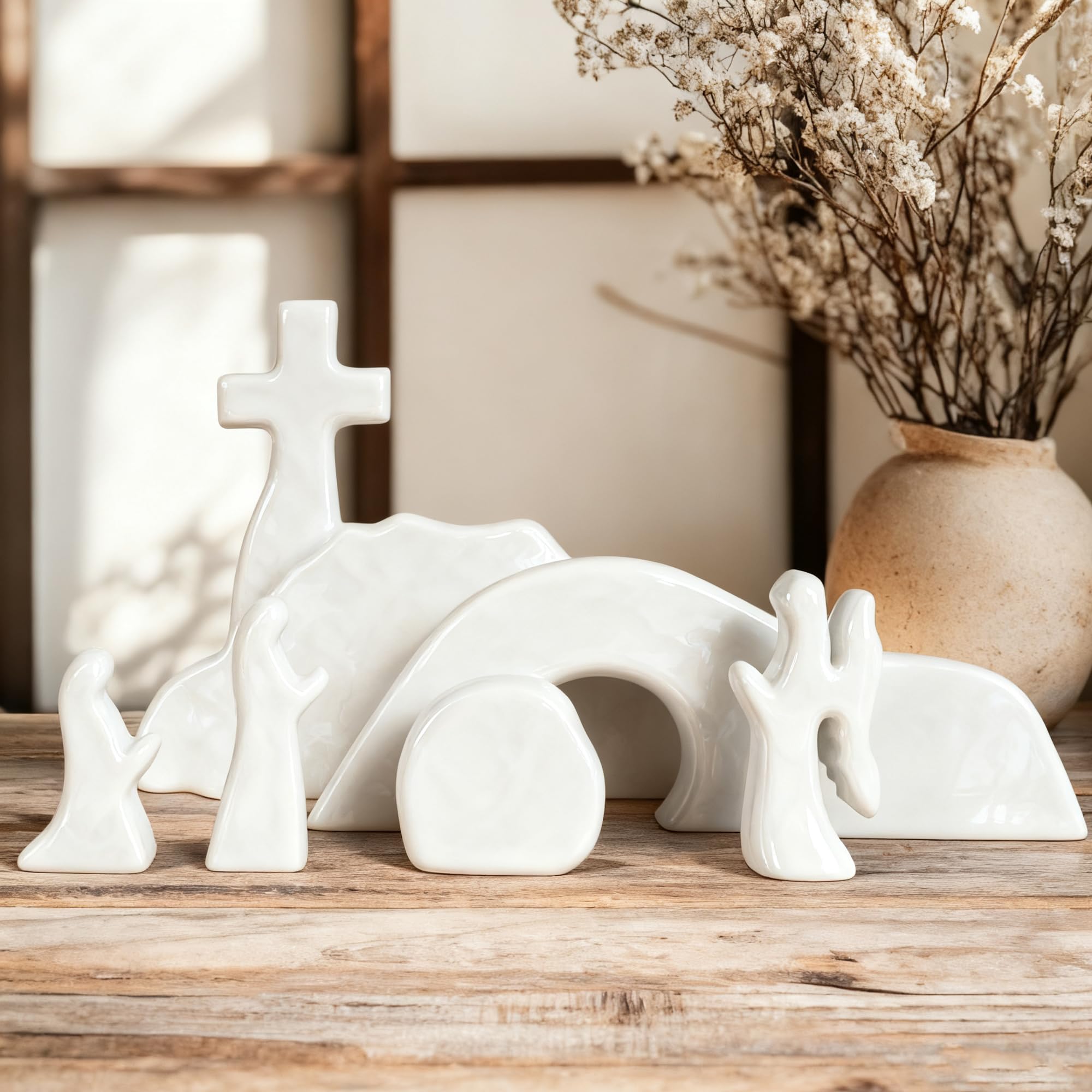 NEROSUN Empty Tomb Easter Scene and Cross Decoration, Ceramic Resurrection Scene Cross Jesus Tomb Decor, Christmas Decoration Jesus Nativity Scene for Religious Home Office Tabletop Christian Gifts