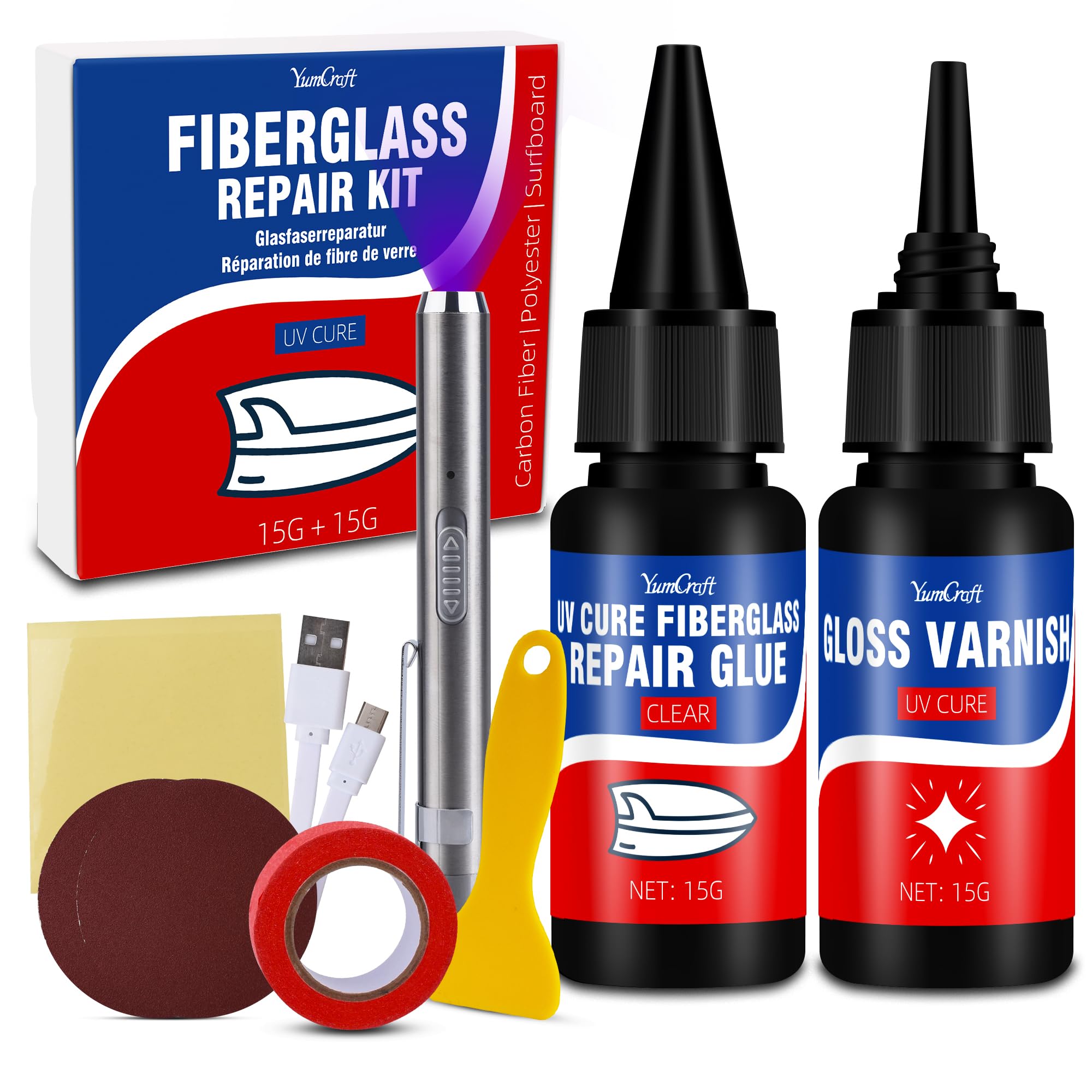 Marine Fiberglass Repair Kit – UV Cure Epoxy Resin with UV Light & Gloss Varnish, Gel Coat Repair for Boats, Jet Skis, Yachts, Surfboards – Fix Cracks, Holes & Scratches on Fiberglass & Carbon Fiber