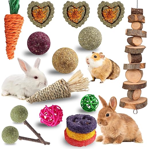 Grddaef 18 PCS Bunny Toys, Rabbit Toys Guinea Pig Toy Natural Apple Wood Grass Timothy Sticks Chew and Treat for Guinea Pigs Hamster Chinchillas
