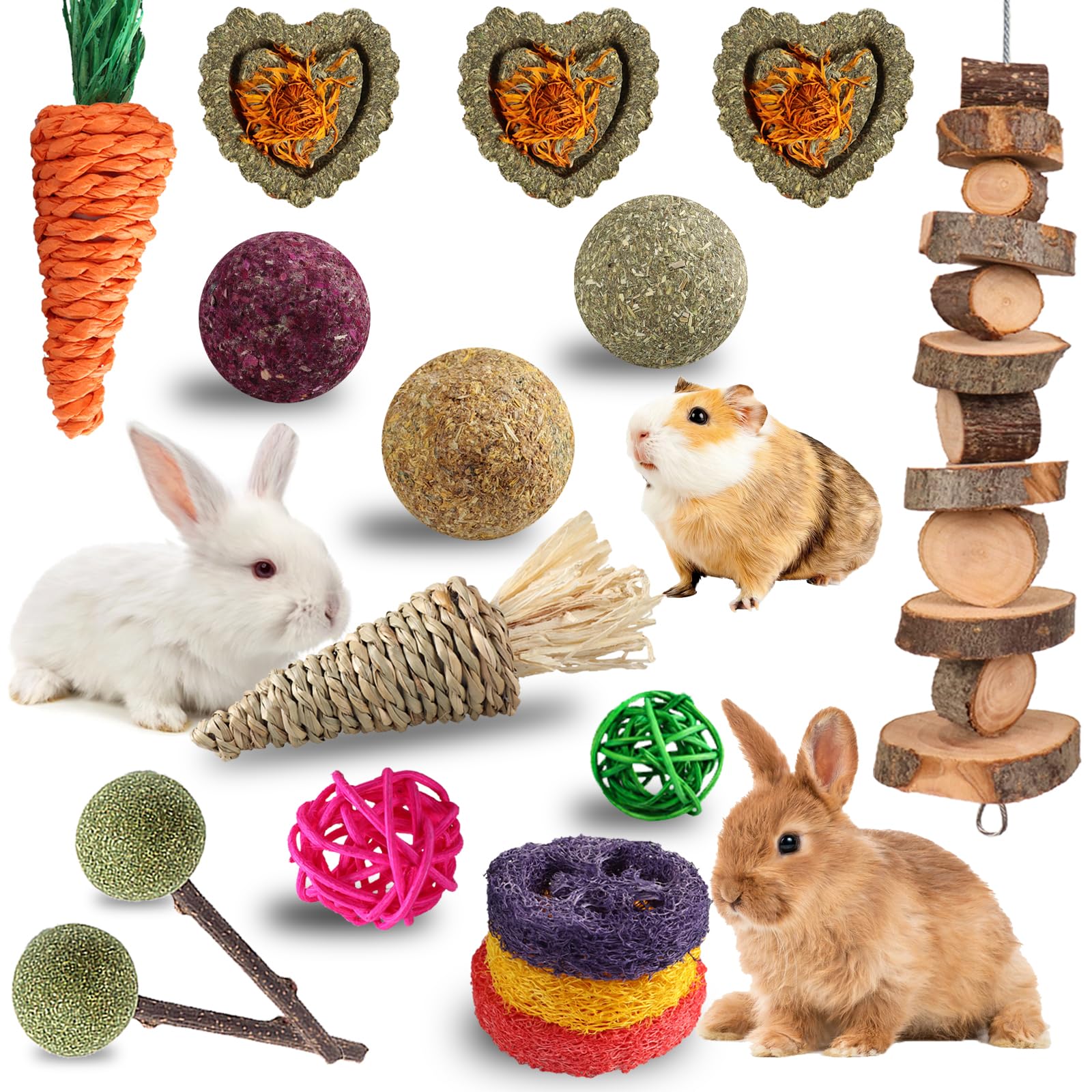 Grddaef 18 PCS Bunny Toys, Rabbit Toys Guinea Pig Toys Natural Apple Wood Grass Timothy Sticks Chew and Treat for Guinea Pigs Hamster Chinchillas