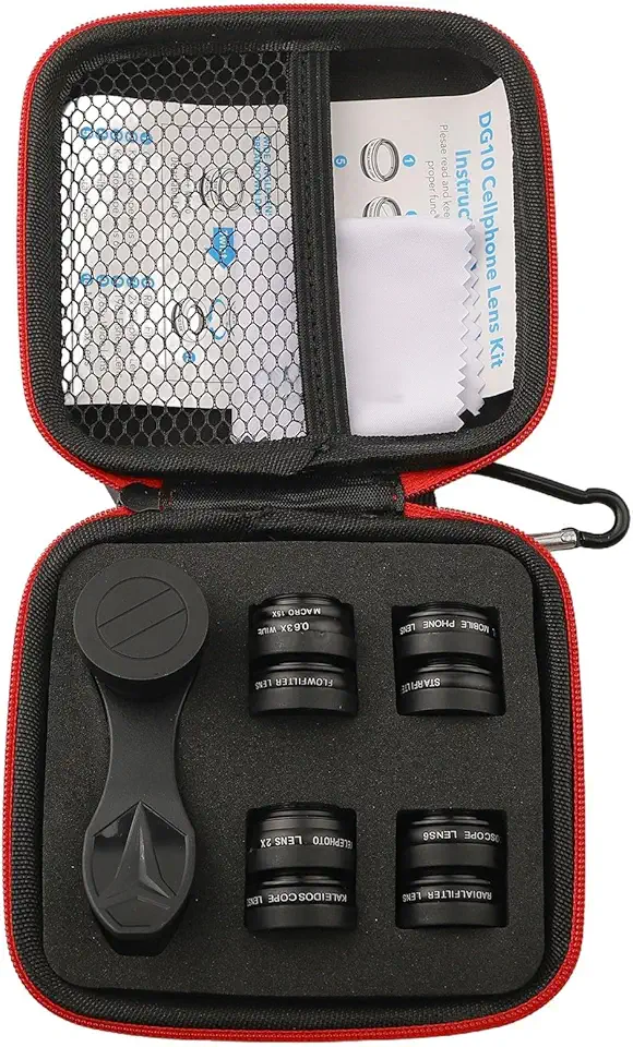 Kit de lente de câmera de celular 10 em 1 com 0,36x grande angular 15x macro 198° olho de peixe 2x teleobjetiva CPL fluxo radial conjunto de lentes caleidoscópio estrela e clipe de 17 mm com a maioria
