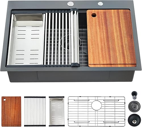 Miniatura 9 de Fregadero de cocina, fregadero de cocina de 30 x 22 x 10 pulgadas, fregadero de cocina negro plomizo, fregadero de cocina de acero inoxidable