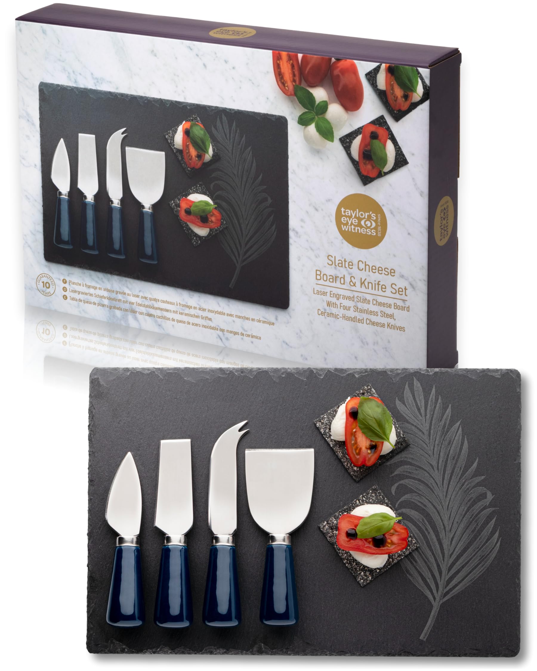Taylors Eye Witness Blue & Slate 4 Piece Cheese Knife Set & Slate Board - Stylish Cheese Knives Gift Set With Slate Board. Blue Coloured Ceramic Handles & Classic Polished Stainless Steel Blades. 10 Year Guarantee.