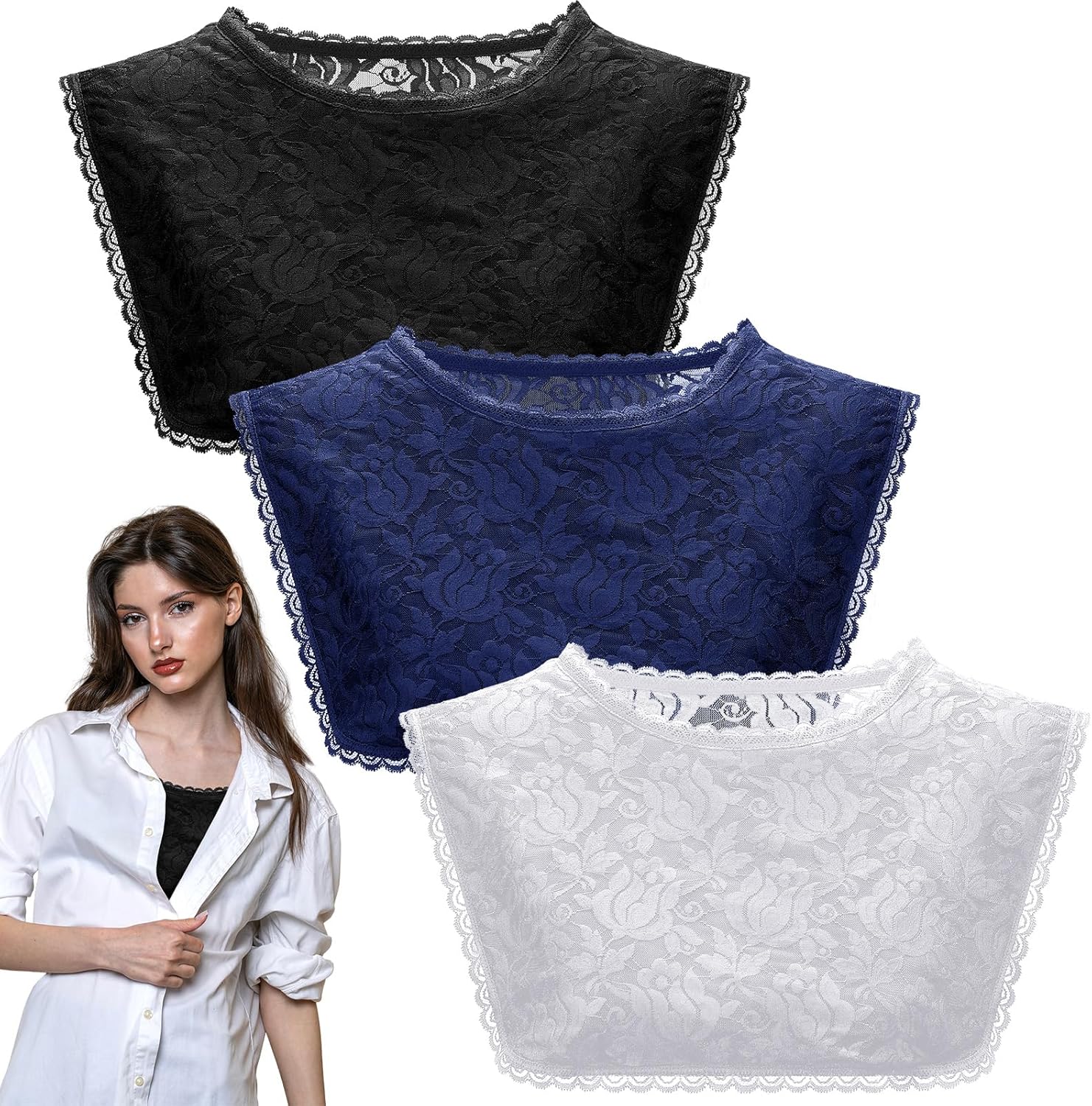 3 Pcs Lace Cleavage Cover up for Low Neckline Fake Collars for Women Modesty Inserts for Low Cut Dresses Crew Collar