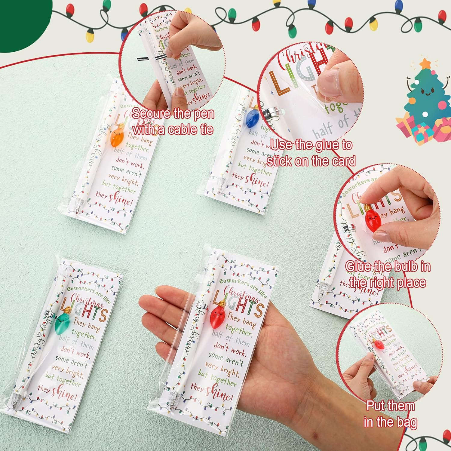 Sayglossy 100 Sets Coworker Christmas Gift Bulk Merry Bright Ballpoint Pens Light Bulbs Ornaments Coworkers Are Like Christmas Light Card Employee Appreciation Gifts for Staff Team Office Party Favor