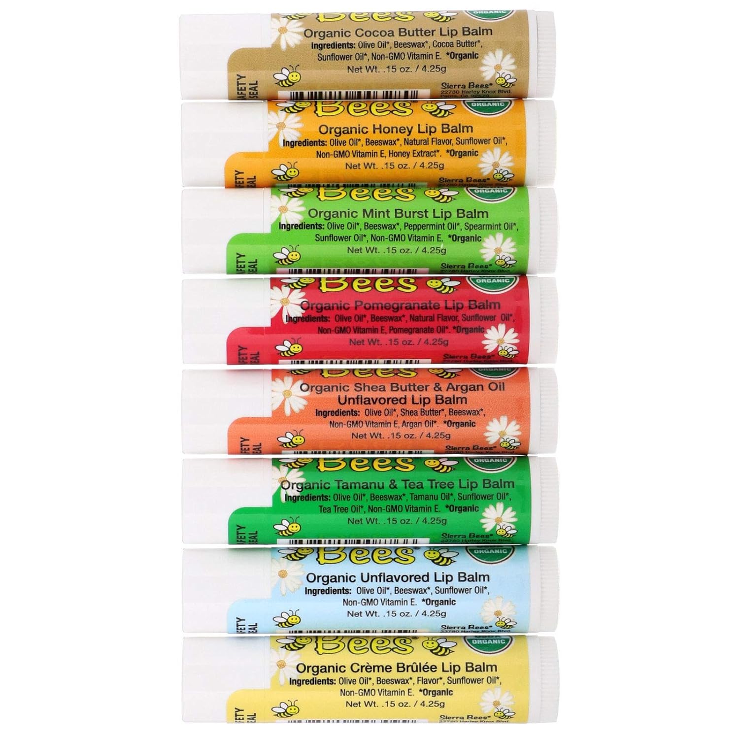 Sierra Bees, Organic Lip Balms Combo Pack, 8 Count (Pack of 2) .15 oz (4.25 g) Each, GMO Free, Cruelty Free : Beauty & Personal Care