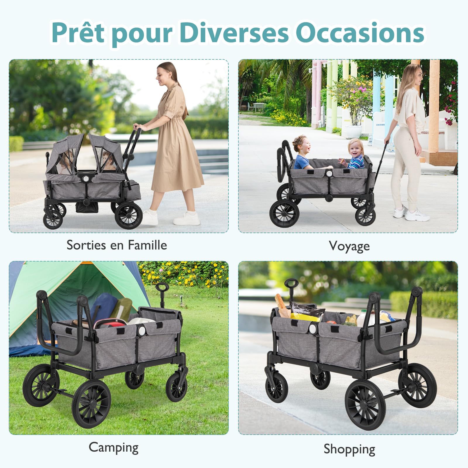 COSTWAY Poussette Tandem Double Pliable avec Auvent Amovible & Poignée Réglable, Chariot Enfant Transport avec Sac & Plateau-repas & Roue à Freins, Charge 25 kg Chacun pour 2 Bébés de 6 Mois+ (Gris)