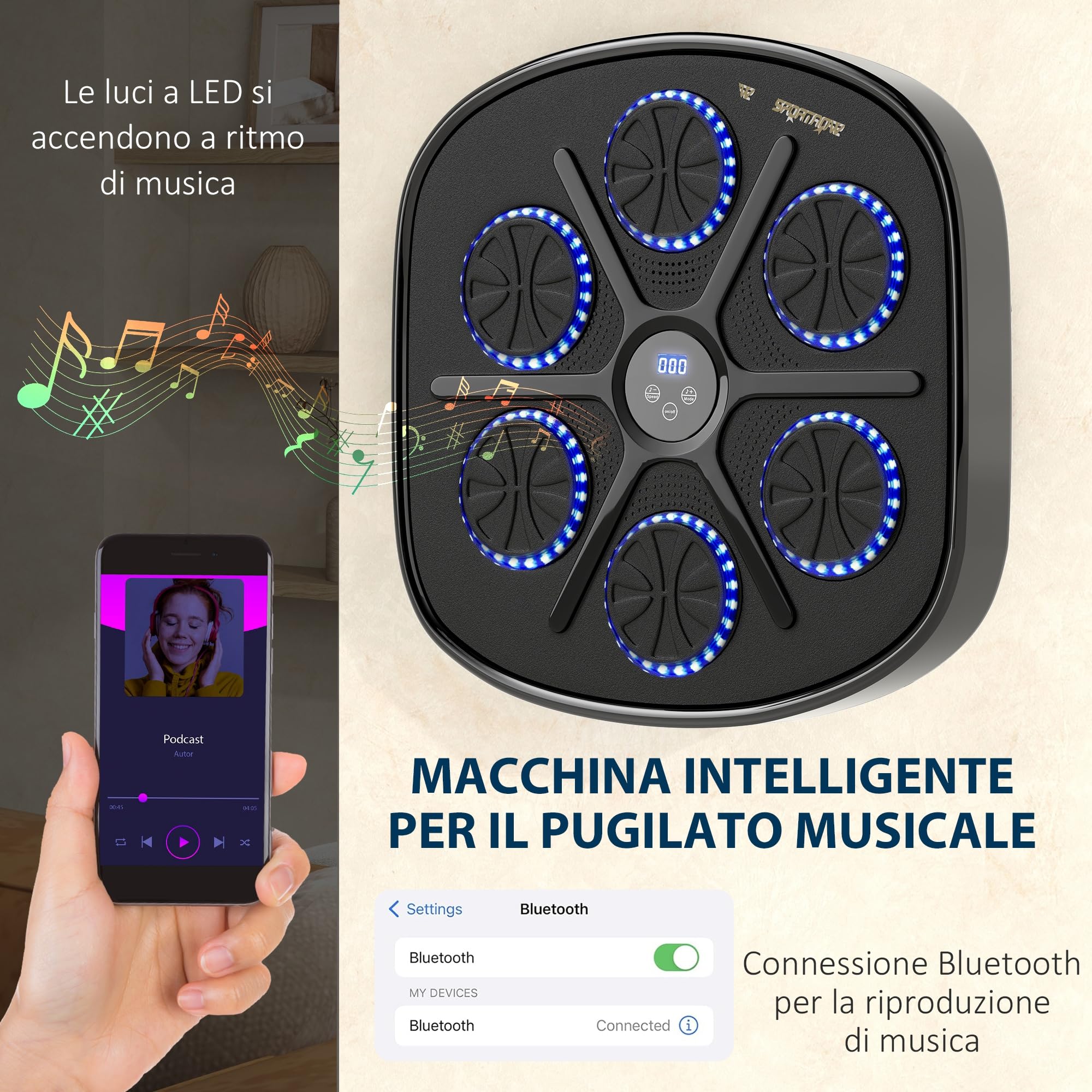 SPORTNOW Macchina da Boxe Musicale a Parete con 9 velocità e modalità, Music Boxing Machine con Connessione Bluetooth e Guanti a Mezze Dita in PU, ABS, PP e Acrilico, Nero