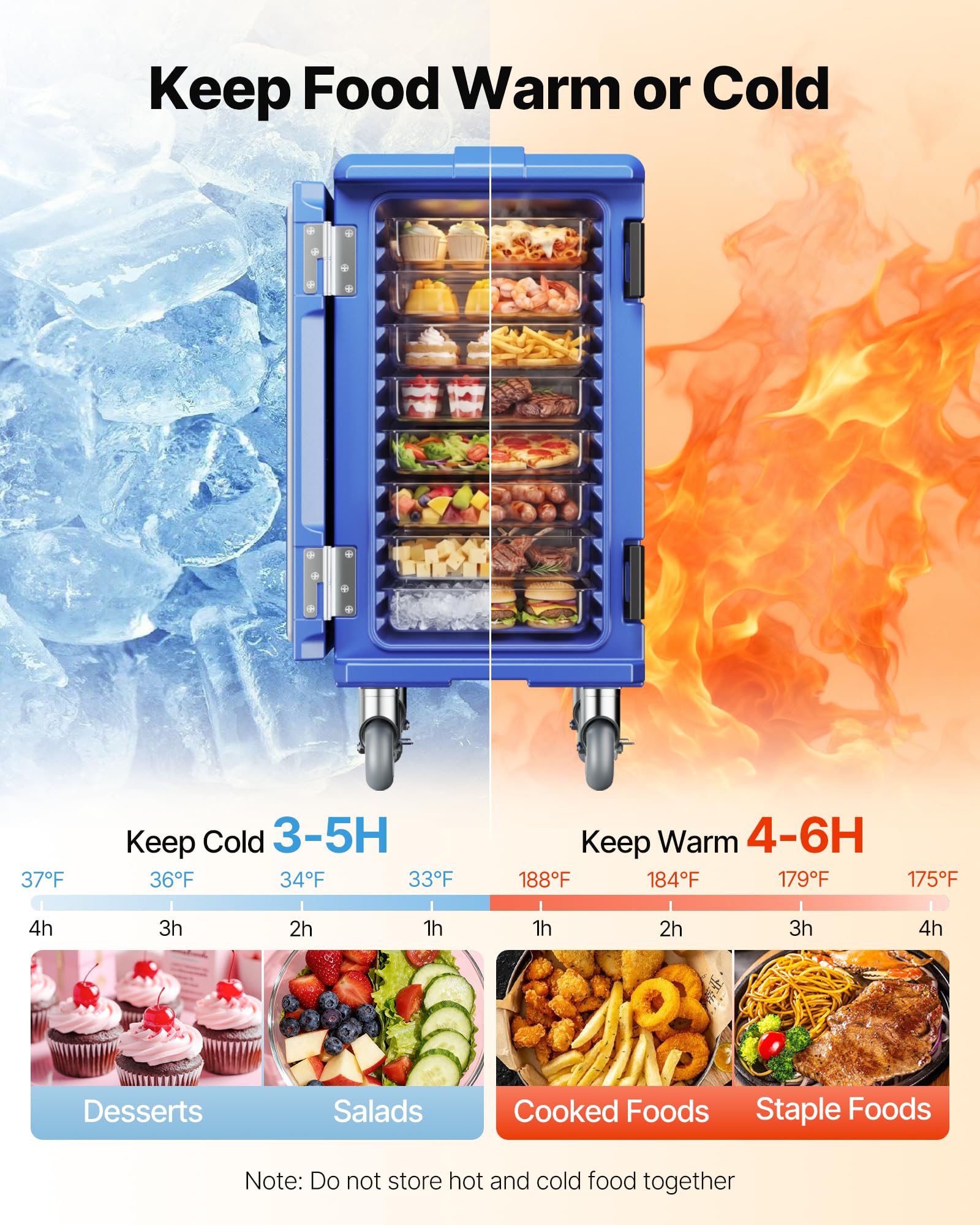 VEVOR Caja Térmica para Alimentos con Aislamiento 120 L para Catering, Caja para Alimentos con Hebillas Dobles, con Asas, Cargador Frontal con Ruedas para Restaurantes y Cantinas, 658 x 480 x 810 mm