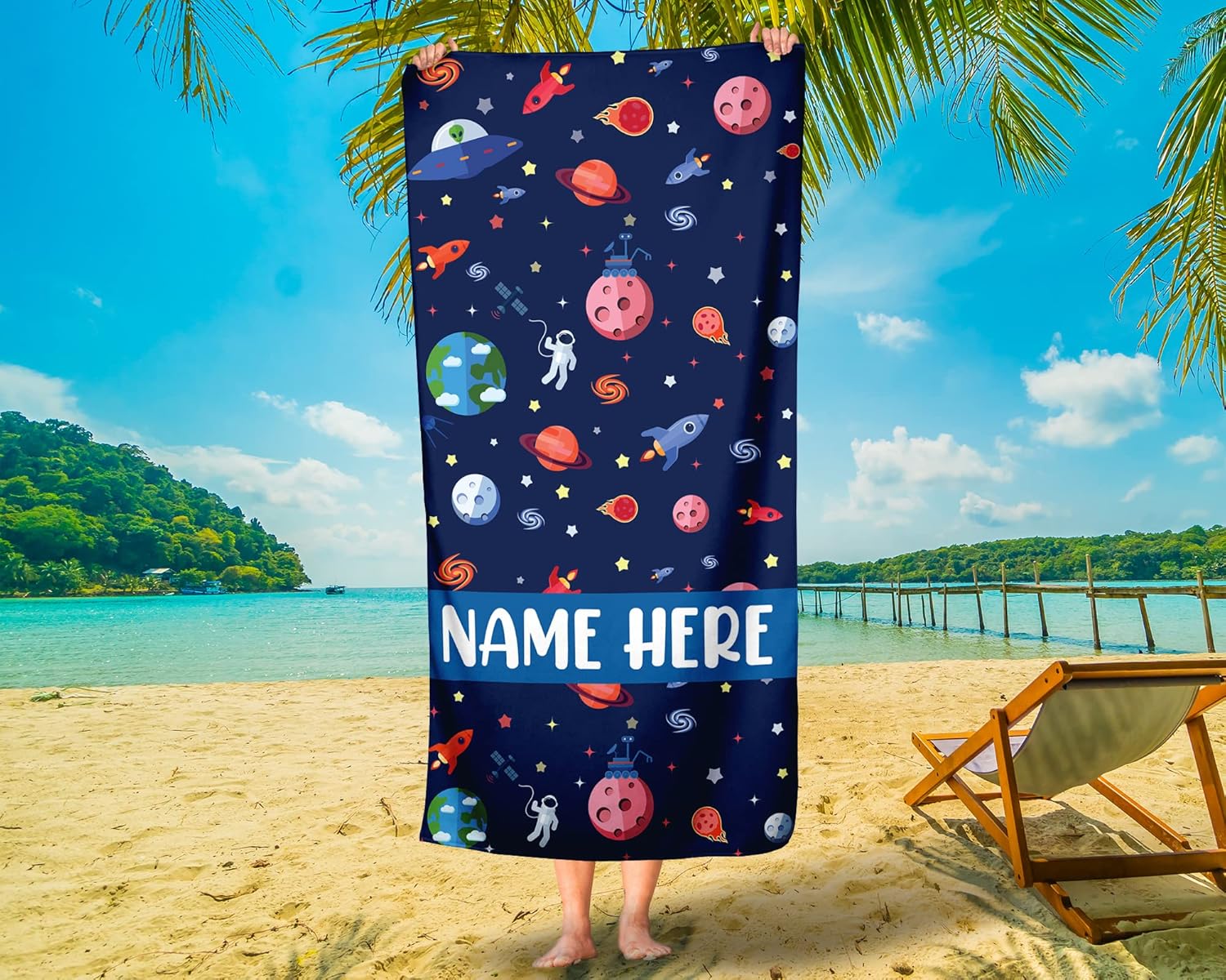 Personalized Space Beach Towel with Name, Custom Solar System and Planet Design for Kids & Adults, Space Themed Pool or Bath Towel with Custom Name Print