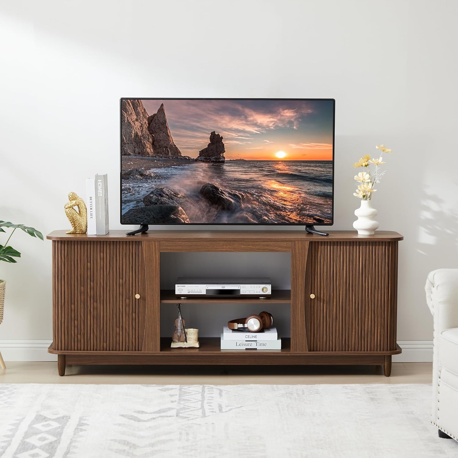 TV Stand, Fluted Media Console Table with Storage and Sliding Door, Farmhouse Entertainment Center for Living Room, Home Office (Walnut-No Fireplace)