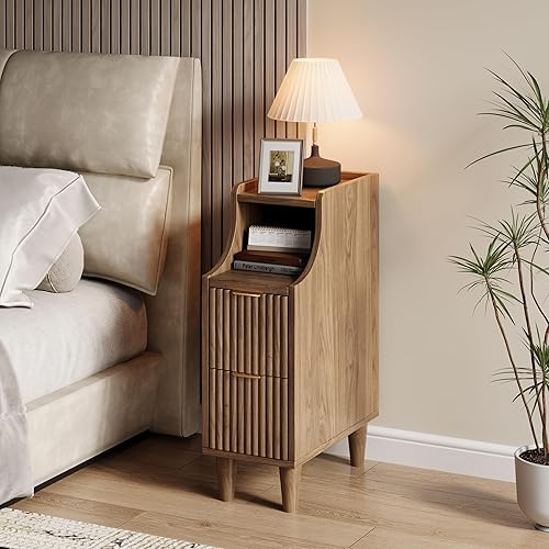 Miniatura 8 de Juego de 2 mesitas de noche acanaladas, mesita de noche estrecha con 2 cajones y almacenamiento, mesa auxiliar moderna de nogal para dormitorio,