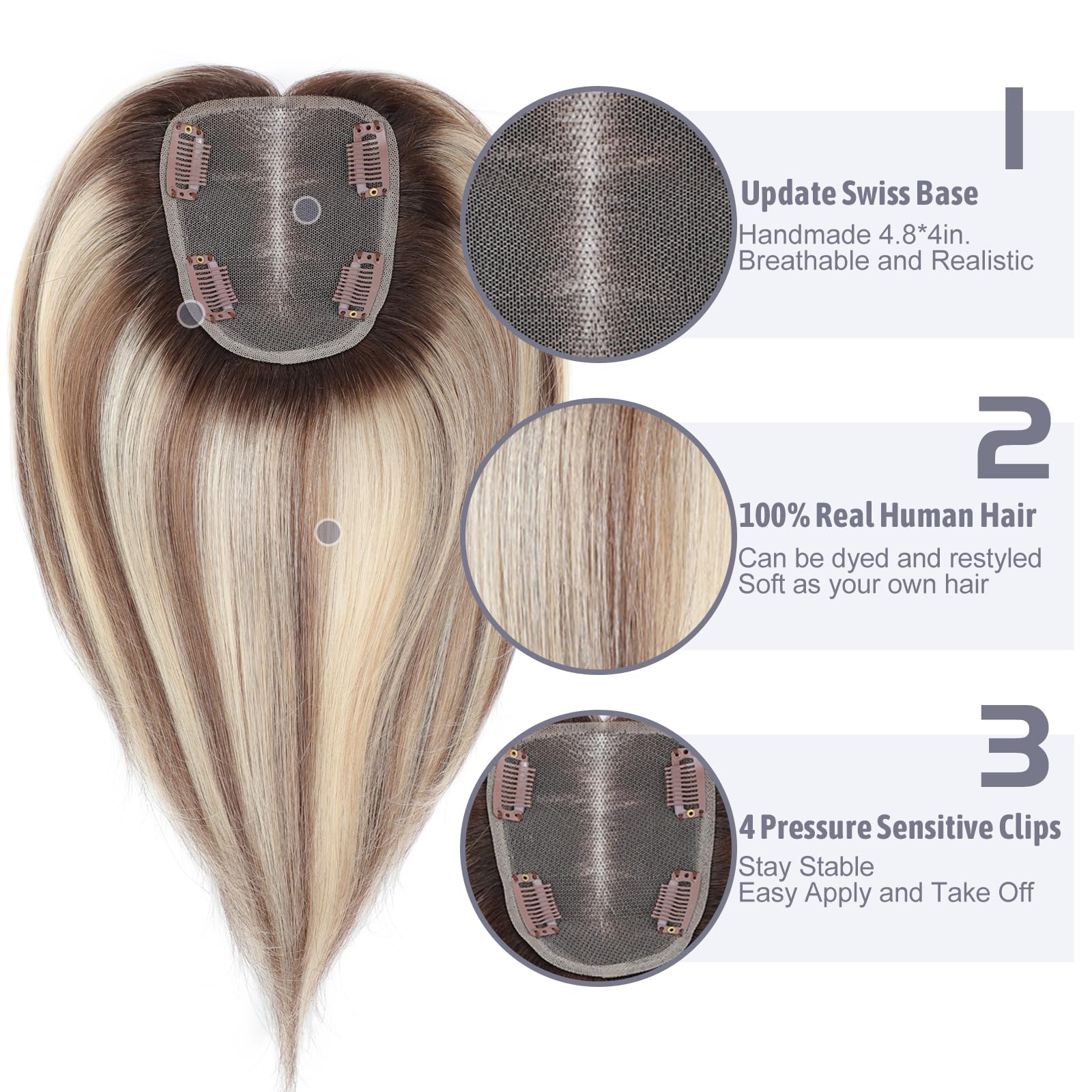 Human Hair Toppers for Women Real Human Hair Topper with Thinning Hair Clip In Topper Hairpieces 40g No Bangs 10 * 12CM Swiss Base Wiglets Top Hair Toppers 12Inch 2T613# - Image 3