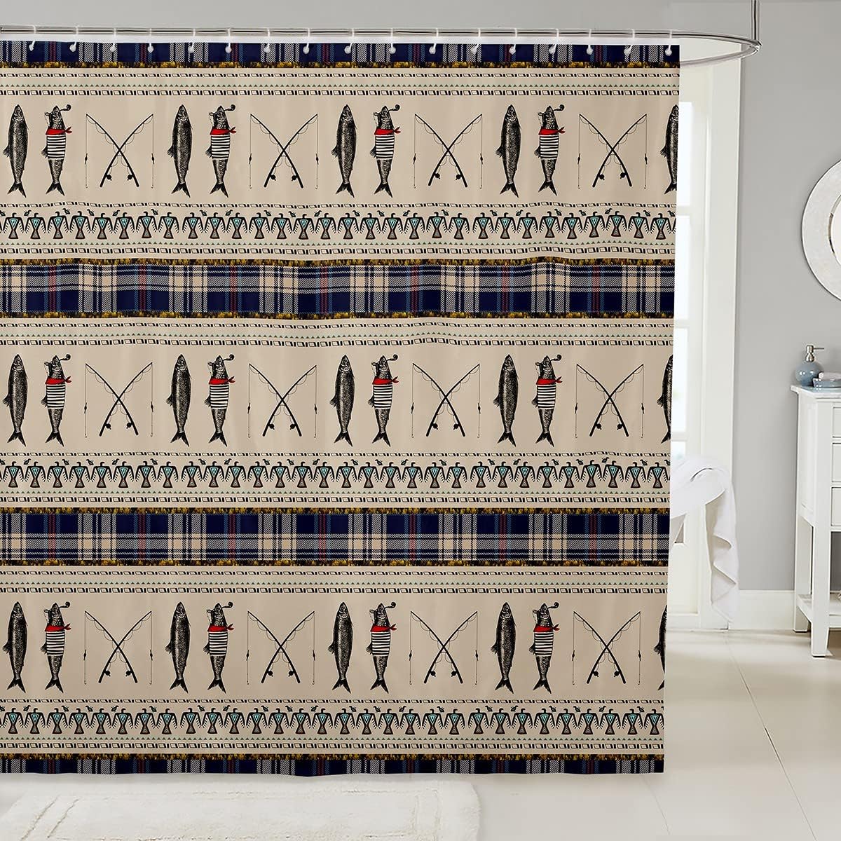 Erosebridal Fishing Shower Curtain,Rustic Farmhouse Bath Curtain for Kids Teens Adult,Fishing Rods Shower Stall Curtain Western Country Plaid Cloth Fabric Bathroom Decor Set with Hooks,72" W X 78" L