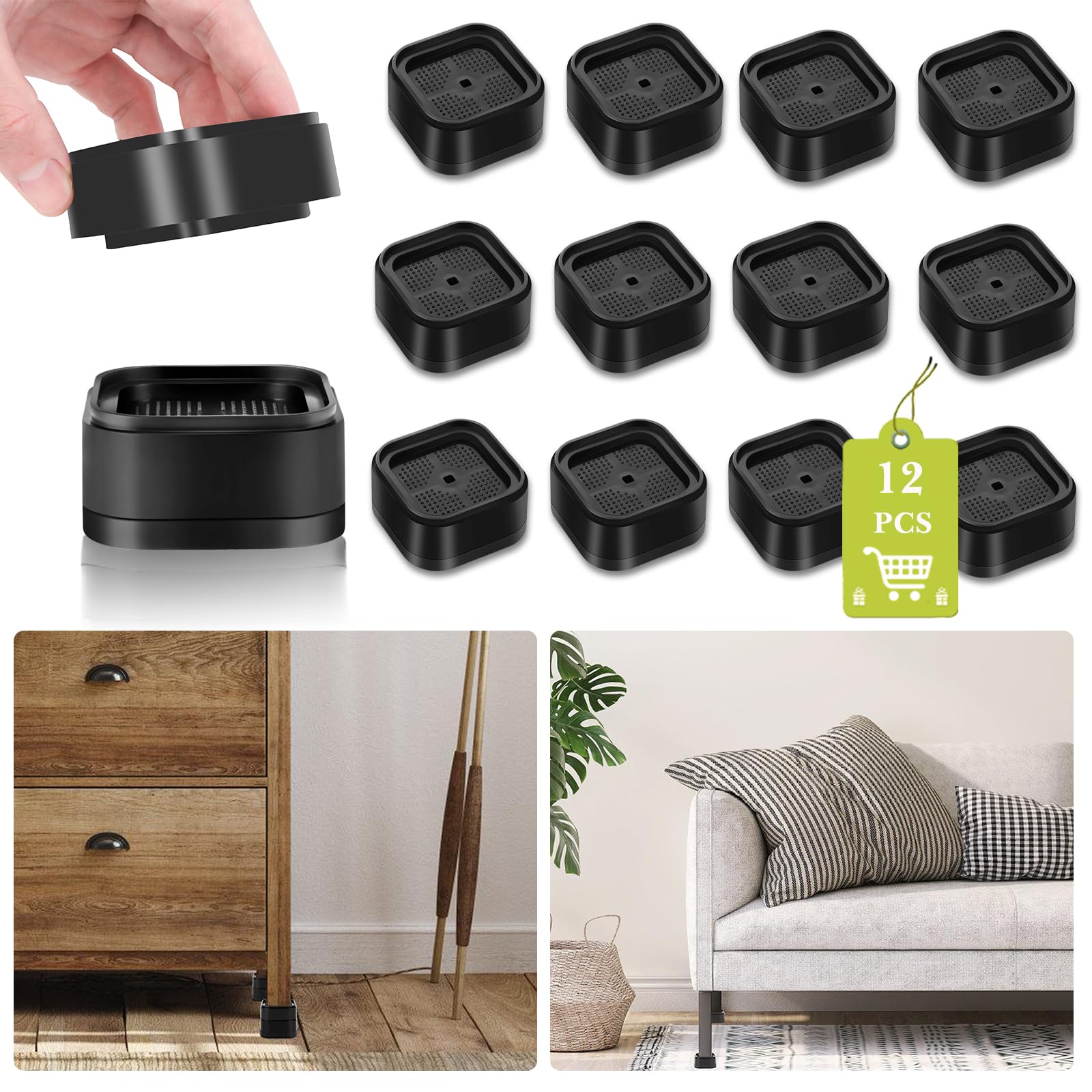 12 Pack Furniture Risers 1, 2 or 3 Inch, Adjustable Bed Risers Heavy Duty For Table Desk Couch Chair Sofa Cabinet Bed Legs Dorm, Square Stackable Bed Raisers Blocks Lift Height 1", 2" or 3", Black-1