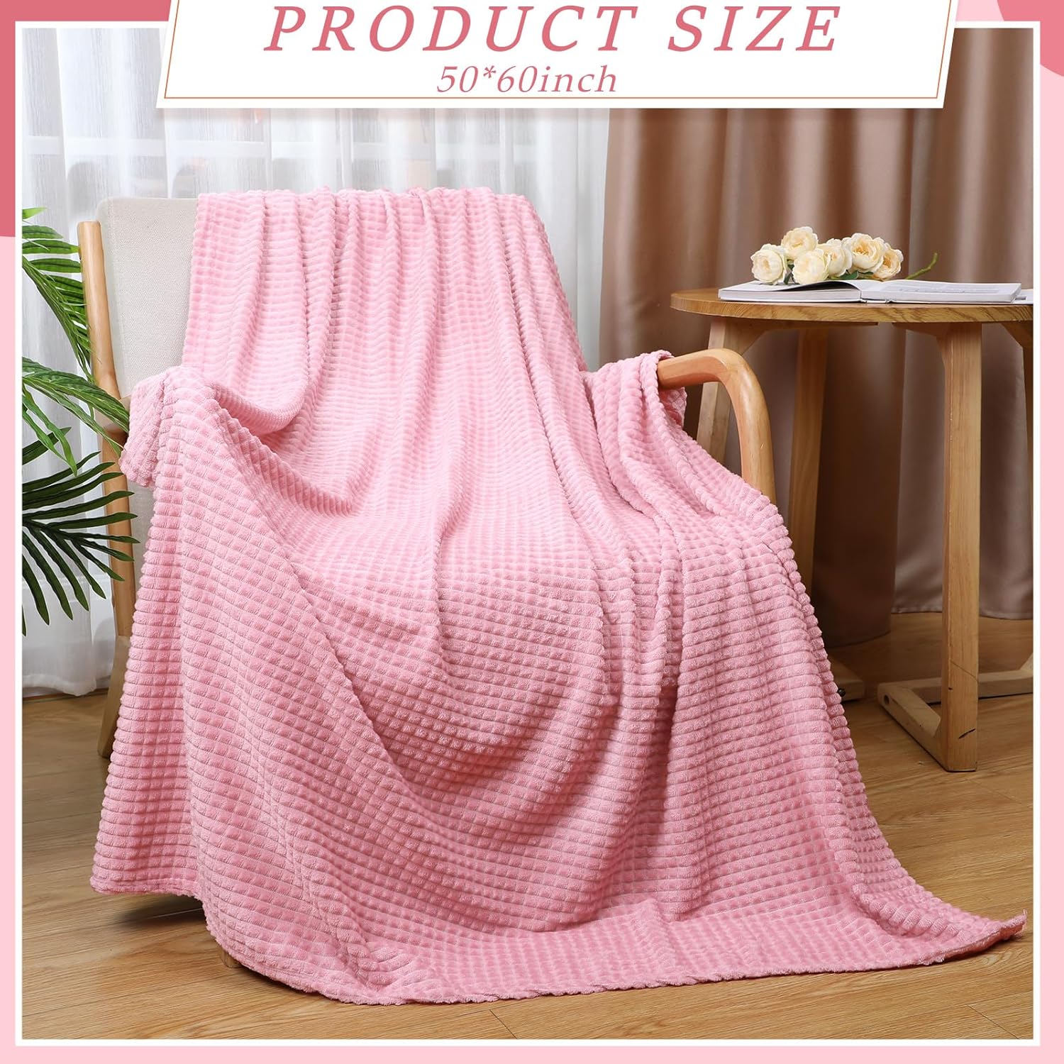 Buryeah 6 Pcs Flannel Fleece Throw Blanket Bulk 50 x 60 Inch Wedding Throw Blanket 3D Jacquard Grid Design Soft for Couch Sofa Chair Donation Homeless Gift (Pink) - Image 3