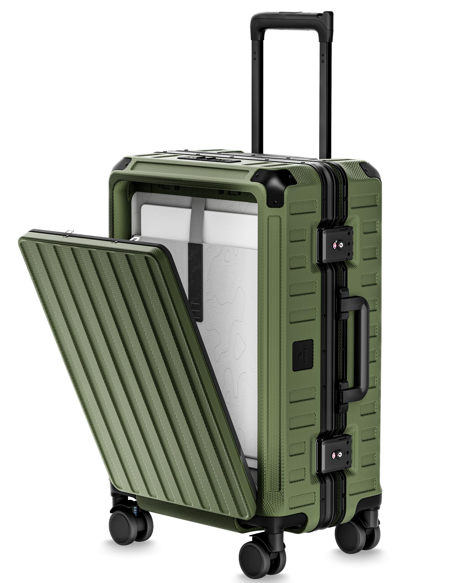 Photo 1 of LUGGEX Zipperless Carry On Luggage with Spinner Wheels, SF81 Aluminum Polycarbonate Hard Shell Front Opening Suitcase, TSA & Cup Holder (ZX-Pro, Olive Green, 21 Inch)
