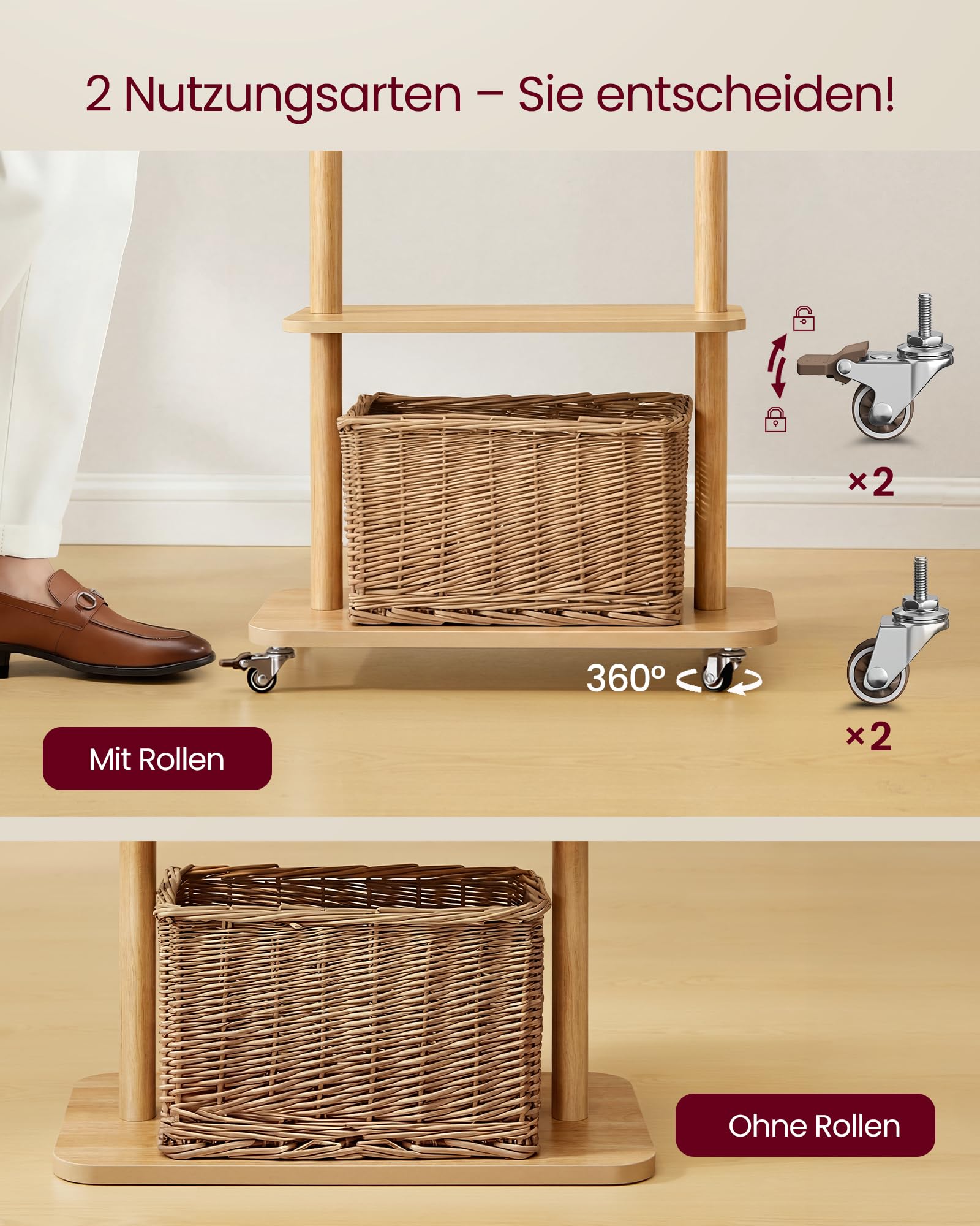 VASAGLE Garderobenständer, Kleiderständer, 7 Haken, 2 Ablagen, 4 drehbare und abnehmbare Rollen, Haken und Stange aus Massivholz, Flur, Schlafzimmer, Wohnzimmer, naturfarben RCR053YK01