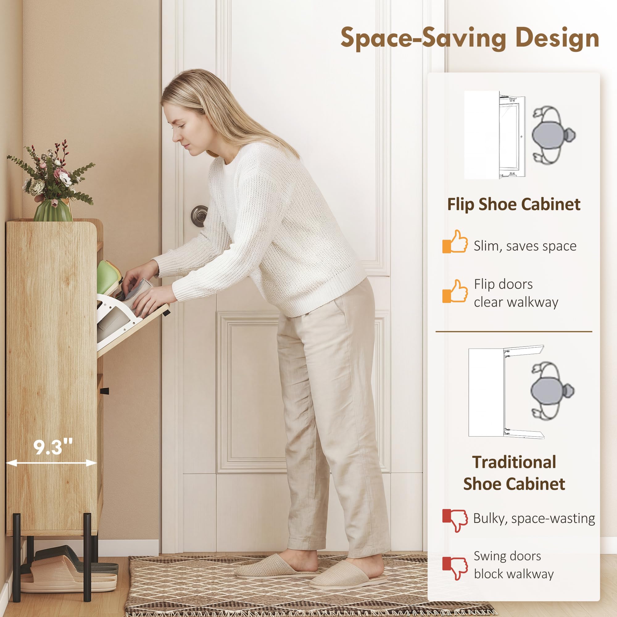 HOMCOM Shoe Storage Cabinet with 2 Flip Drawers, Narrow Shoe Rack with Adjustable Shelves, Rattan Accent, Boho Storage Organizer for Entryway, Hallway, Holds 12-16 Pairs, Oak - 5