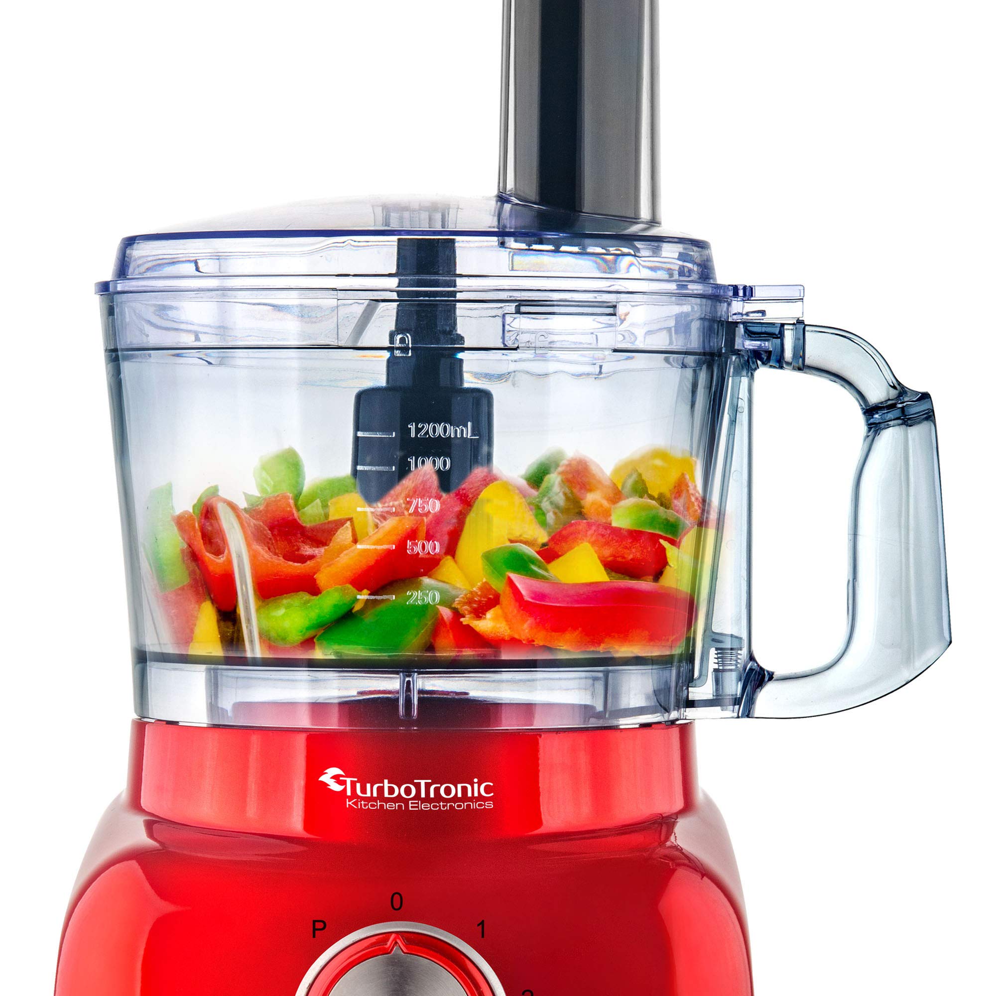 TurboTronic Food Processor 1,2L schwarz, rot, Küchenmaschine mit Mixaufsatz, Raspelscheiben, Zitruspressenaufsatz