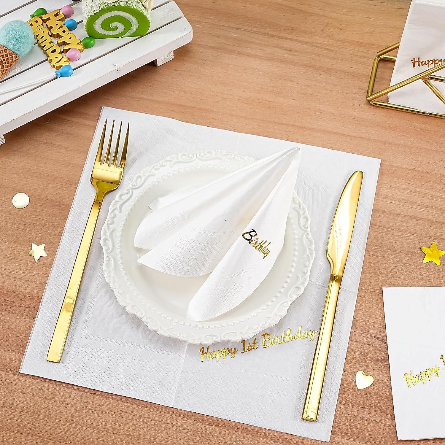 WRAPAHOLIC 25Pcs 1st Birthday Cocktail Napkins - 3-Ply White Gold Foil Happy 1st Birthday Lettering Disposable Paper Napkins for Baby Shower Party Tableware Party Supplies - 5 x 5 In