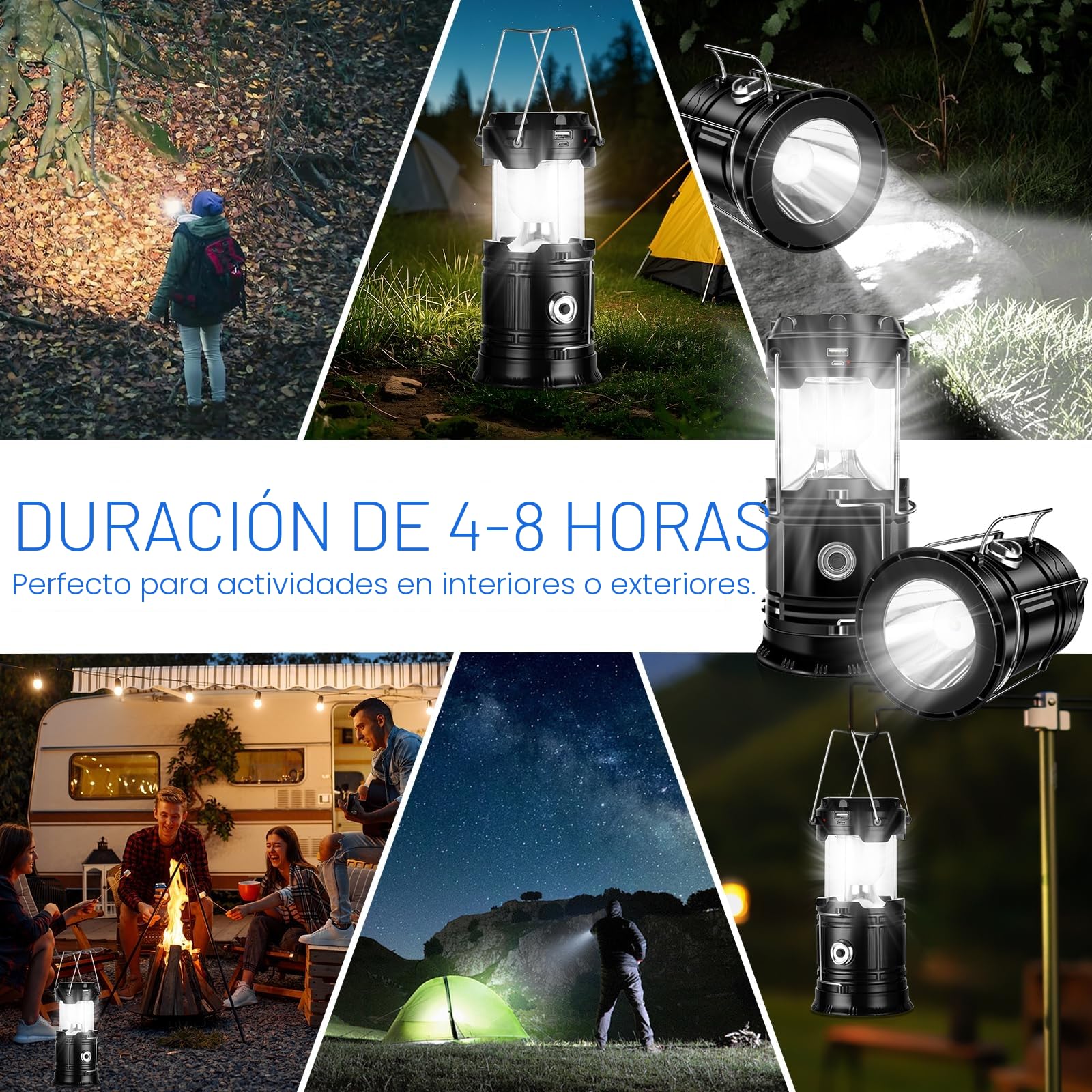 Linterna Camping Solar LED Plegable Impermeable con Gancho, Luz para Acampar, Negro