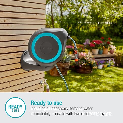 Gardena Wall-Mounted Hose Box Rollup M 20 m: Flexible Watering for Medium-Sized Gardens, Swivel Hose Reel, with wall Bracket, System Parts and Nozzle, Including 20 m Gardena Hose (18610-20) - 5