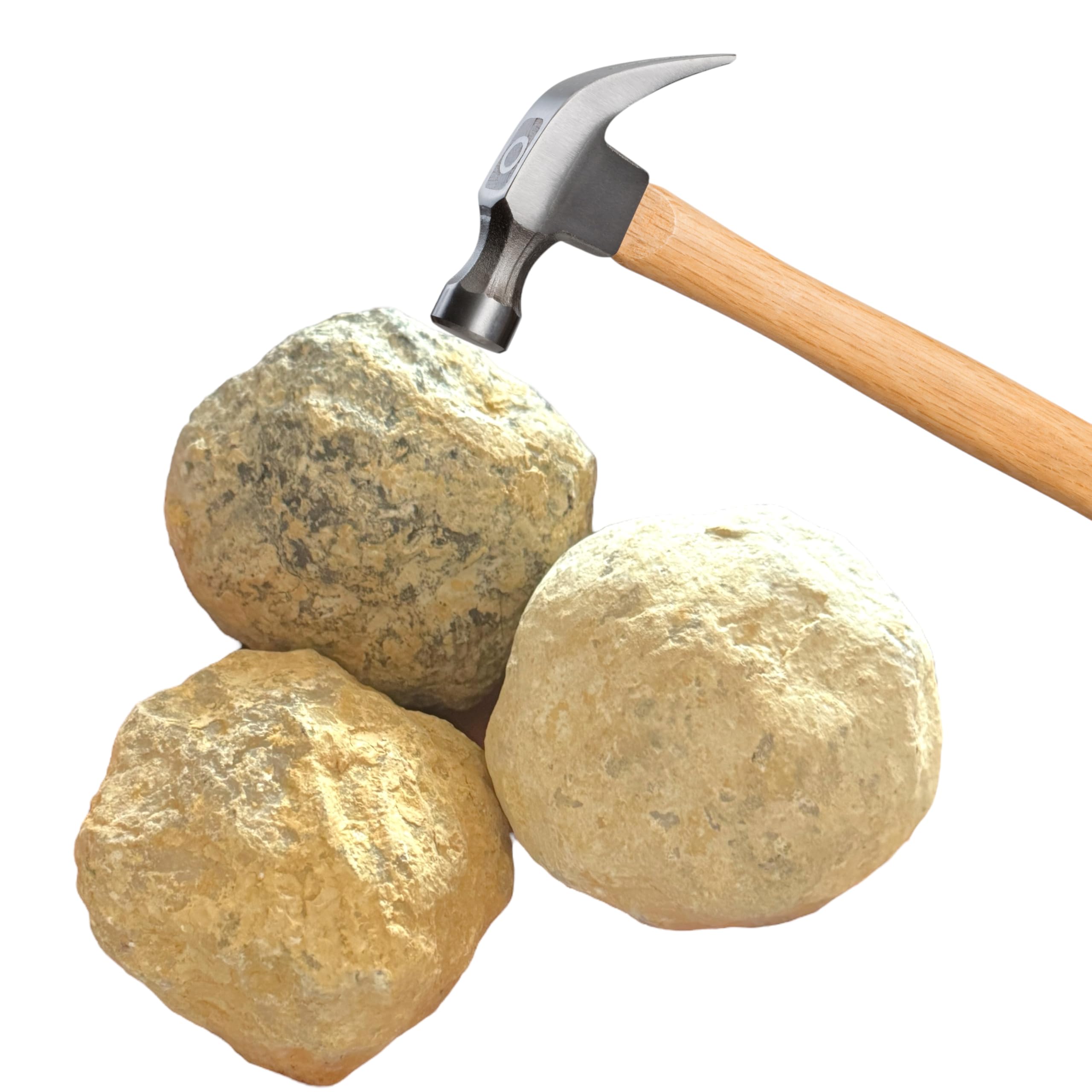 Juego de geodas grandes de tres piezas en tamaño de béisbol, 7 – 8 cm, 900 – 1000 gramos para romper tú mismo, con instrucciones y explicación