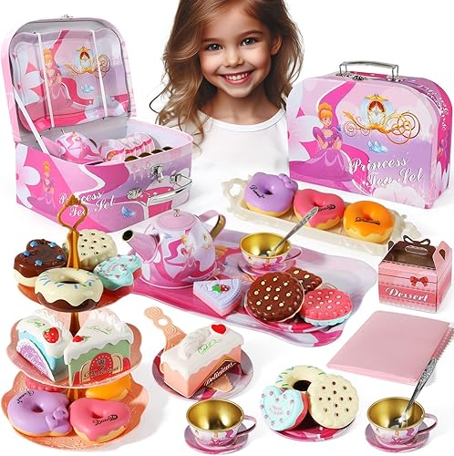 Juego de fiesta de té de Cenicienta para niñas pequeñas, juego de tetera de simulación, juguete de cocina, perfecto para cumpleaños para niñas de 2