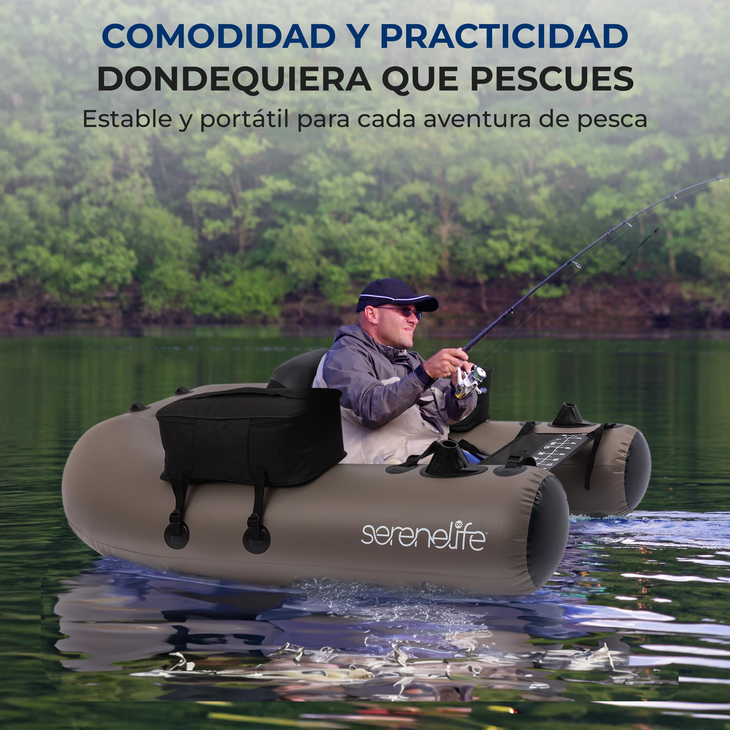 SereneLife Barca Hinchable de Pesca, Asiento Ajustable, Respaldo, con Bolsa de Transporte y Kit de Reparacion