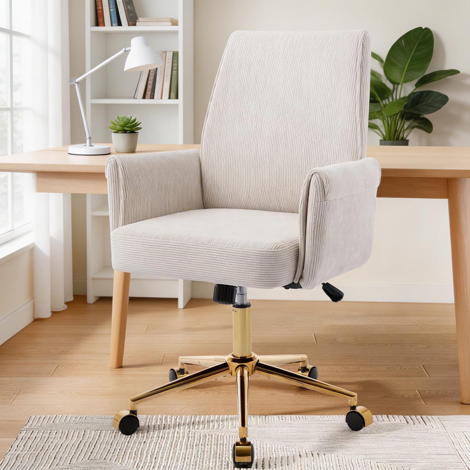 ECHINGLE Office Chair Ergonomic Computer Desk Chair Mid Back Swivel with Gold Base, Height Adjustable for Home Office, Study, or Living Room(Corduroy