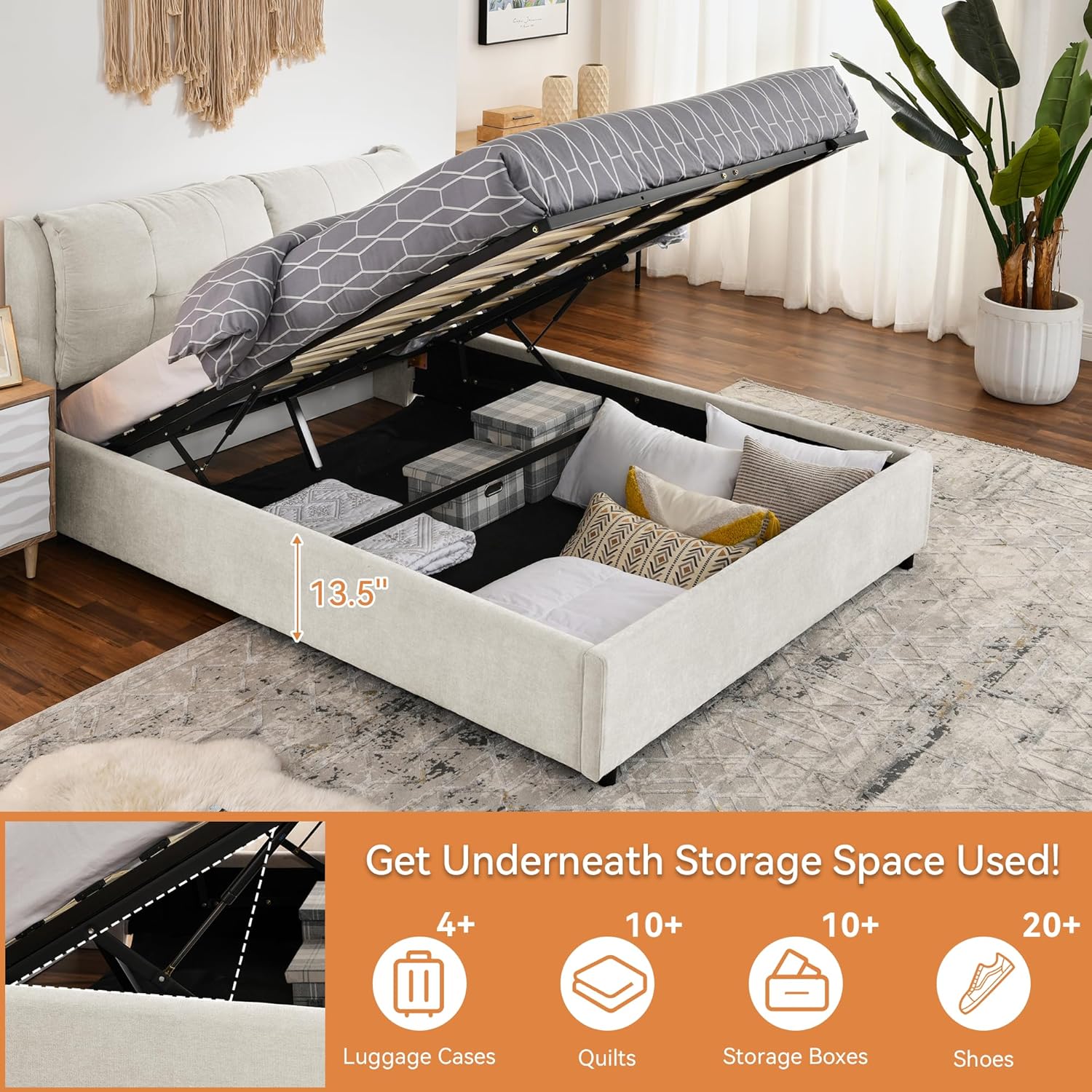 Lift Up Storage Bed King with Soft Headboard, Chenille Cloud Bed Frame, Upholstered Storage Beds with Hydraulic System & Solid Wood Slats Support, No Box Spring Needed, Beige