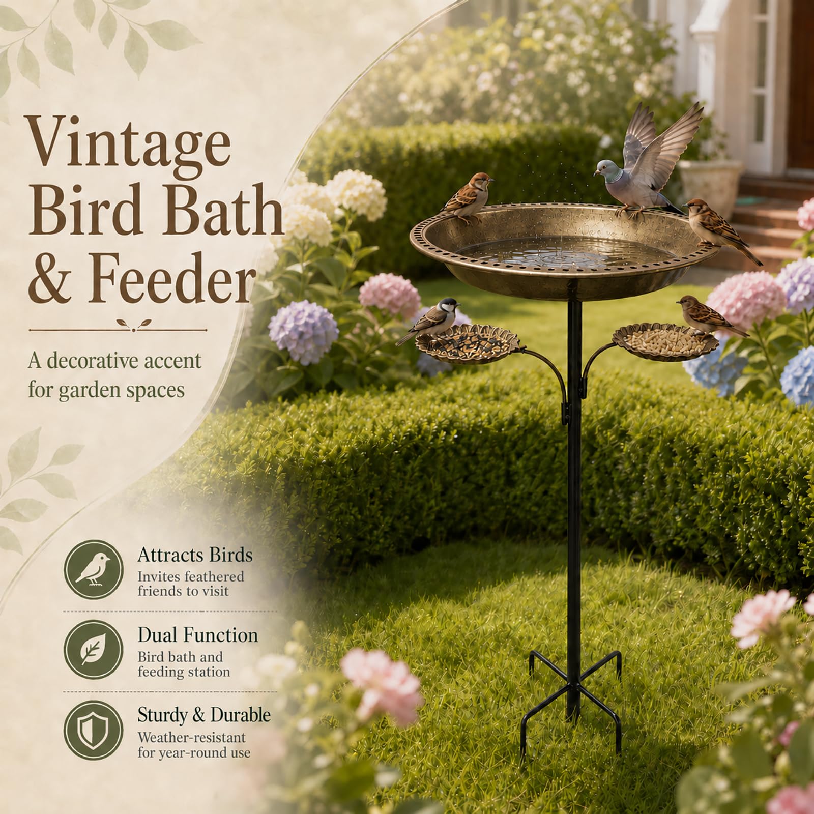 Metall Vogeltränke Stehend, 2 in 1 Vogelbad & Futterschale,Bird Bath für Garten, Vintage Vogeltränke Balkon, Freistehendes Vogelbad Gartenstecker, Wassertränke für Vögel
