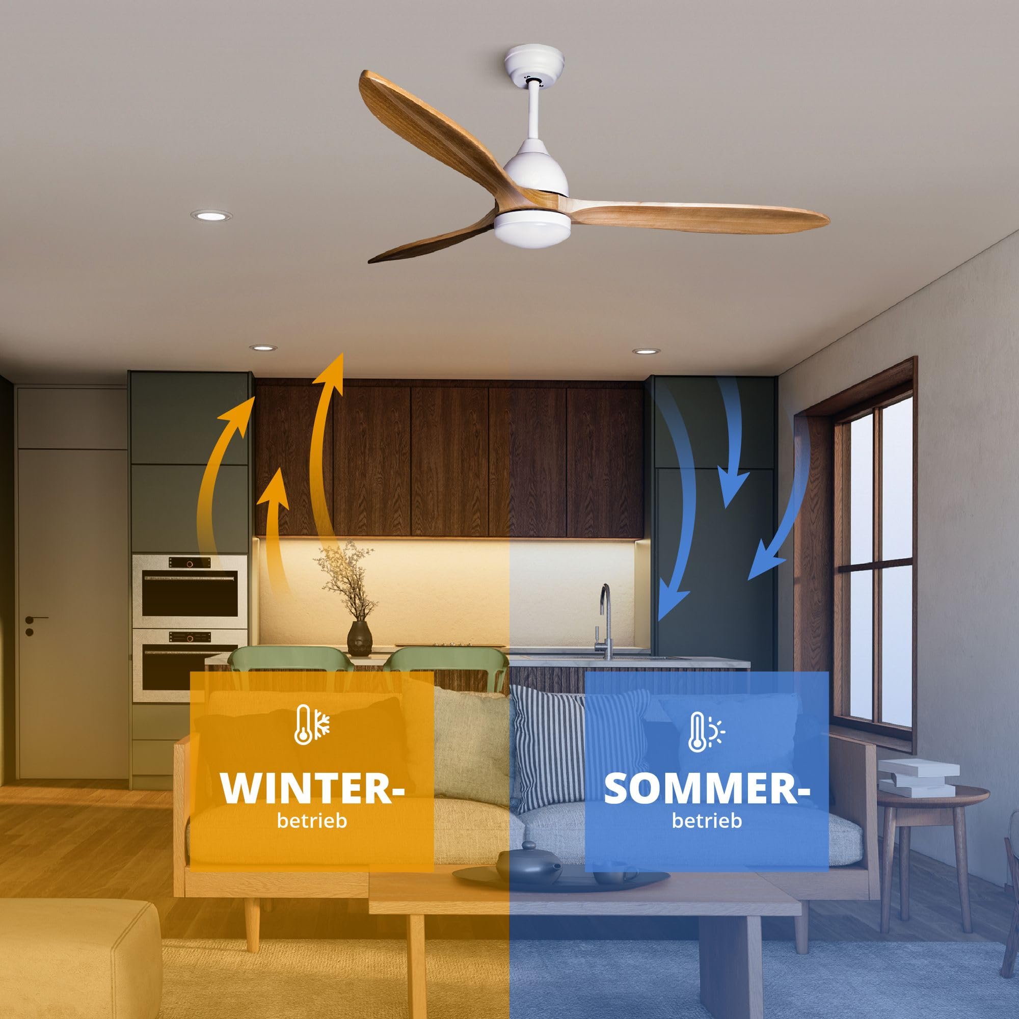 Eclipse Deckenventilator mit Beleuchtung, Leise mit 6 Windstufen, App und Fernbedienung, Sommer und Wintermodus, 3 Holz- Rotorblätter, 4500 m³/h, CTT 3000 K - 6500 K, Modell: Airora XL