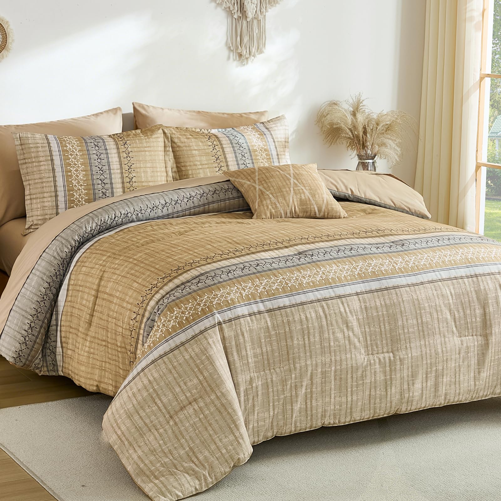 Dintszyayue Khaki Queen Comforter Size Set, 8 Pieces Striped Boho Texture Bed in a Bag Sets, Lightweight Soft Bohemian Comforter and Sheet Set, All Season Microfiber Bedding Sets for Men Women